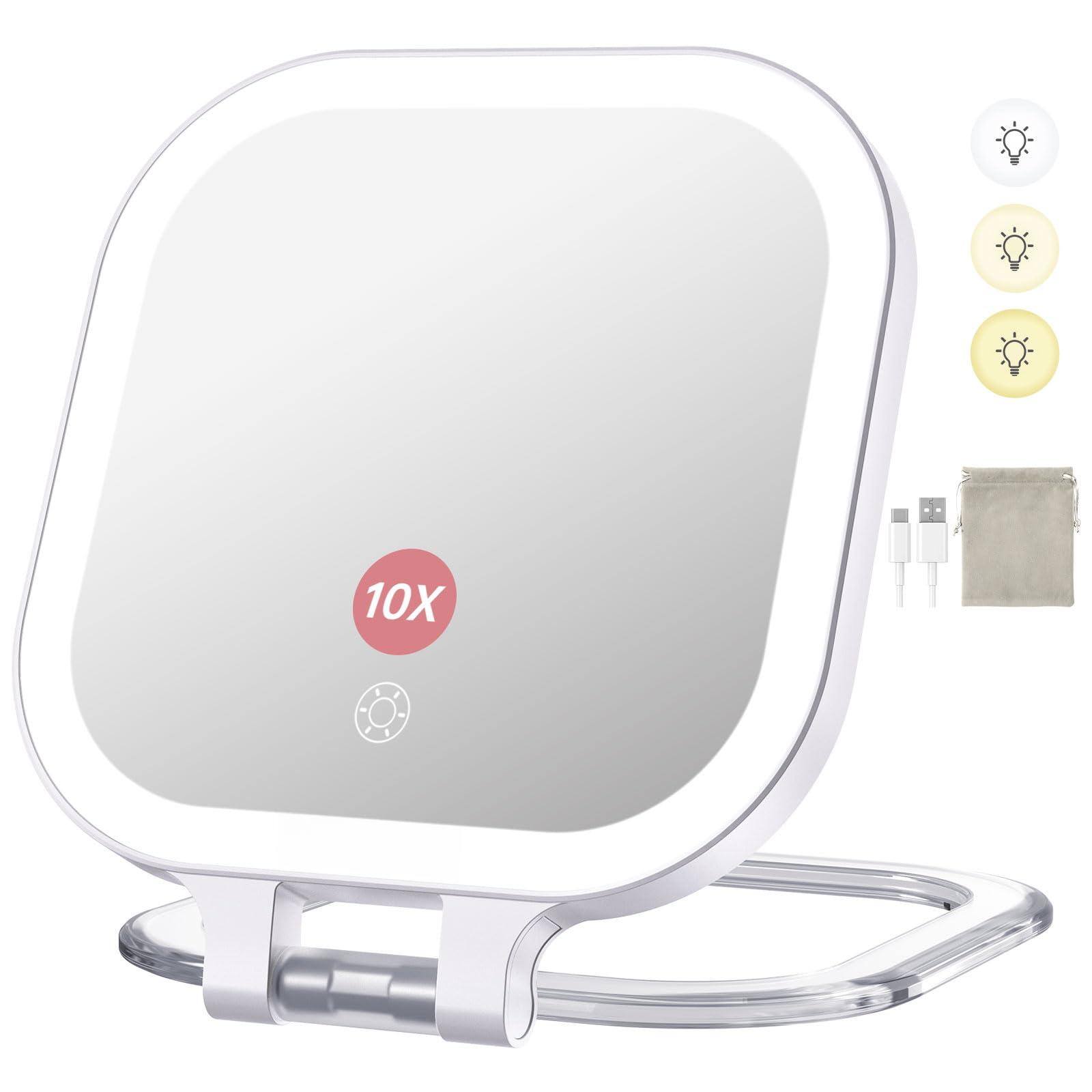 Front. Empire DigiLabs - Rechargeable Travel Makeup Mirror With Lights 1x 10x Magnifying Vanity 3 Color Light Folding Stand Portable - White 7 Inch.