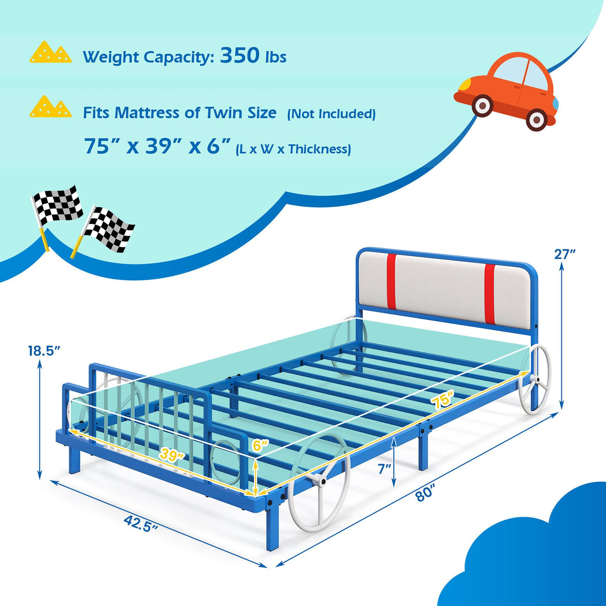 Weight Capacity: 350 lbs  
Fits Mattress of Twin Size (Not Included)  
75" x 39" x 6" (L x W x Thickness)  

Dimensions:  
- Length: 75"  
- Width: 39"  
- Thickness: 6"  
- Height: 27"  
- Bed Frame Width: 42.5"  
- Bed Frame Length: 80"  
- Headboard Height: 27"  
- Footboard Height: 7"  
- Side Rail Height: 18.5"