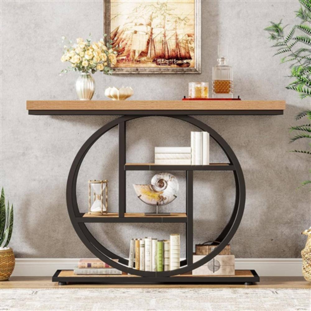 Alt View 1. Hivvago - Modern 41-inch Round Base Entryway Sofa Table with Brown Wood Finish Shelves - Brown.