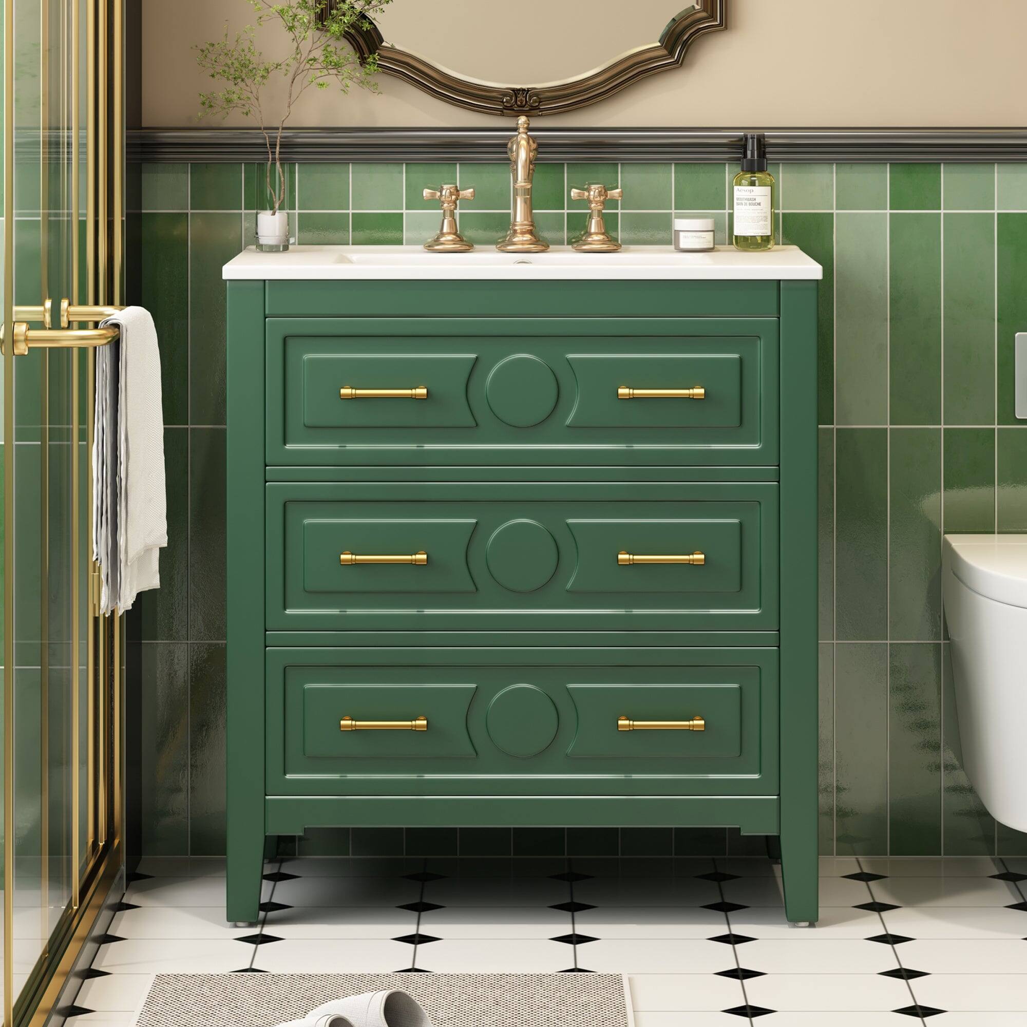 Alt View 4. Boyel Living - 30 Inch Retro Bathroom Vanity with Ceramic Sink and Three Drawers Green - Green.