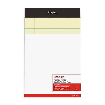 Staples  
Narrow Ruled Double Writing Pads  
Junior Size  
Canary, Recycled Weight  
6 Pads  
5" x 8" (12.7 cm x 20.3 cm)  
ST57302