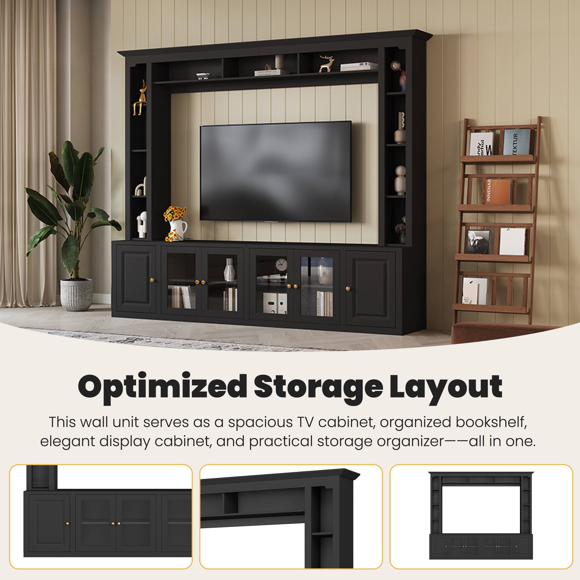 Optimized Storage Layout

This wall unit serves as a spacious TV cabinet, organized bookshelf, elegant display cabinet, and practical storage organizer—all in one.