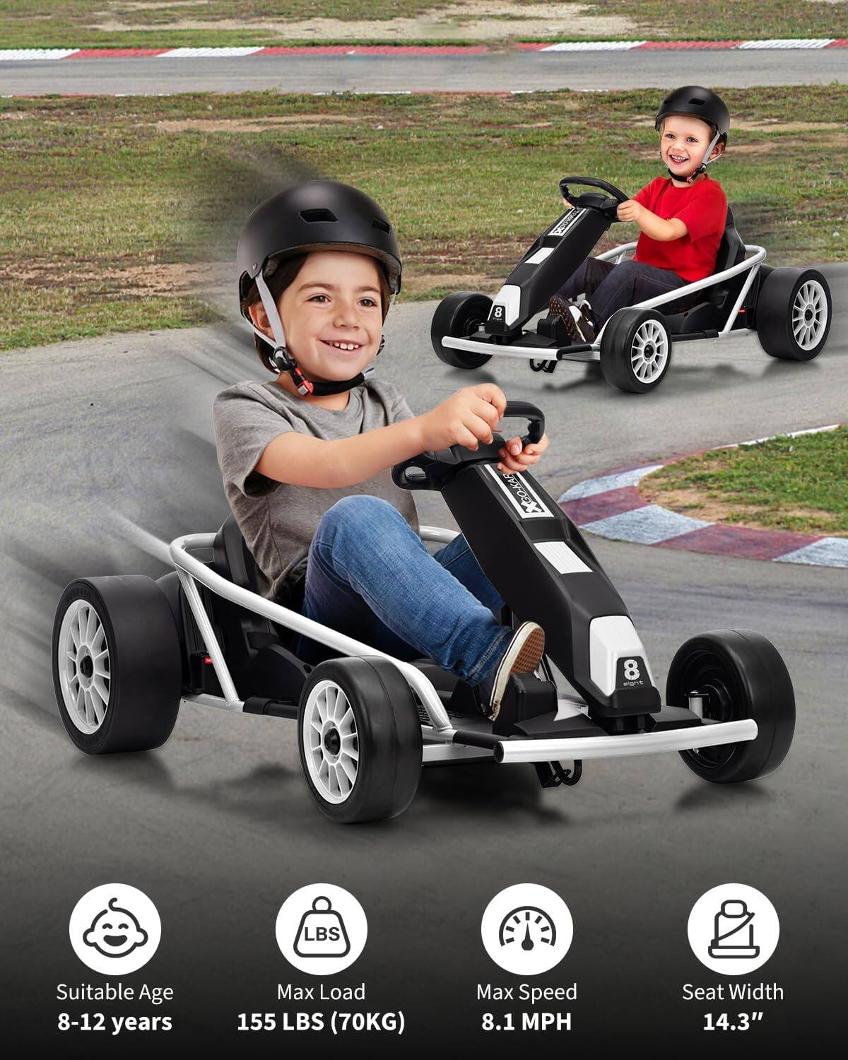 8 G SO-KAF  
Weight: 8 lbs  
Suitable Age: 8-12 years  
Max Load: 155 lbs (70 kg)  
Max Speed: 8.1 mph  
Seat Width: 14.3"