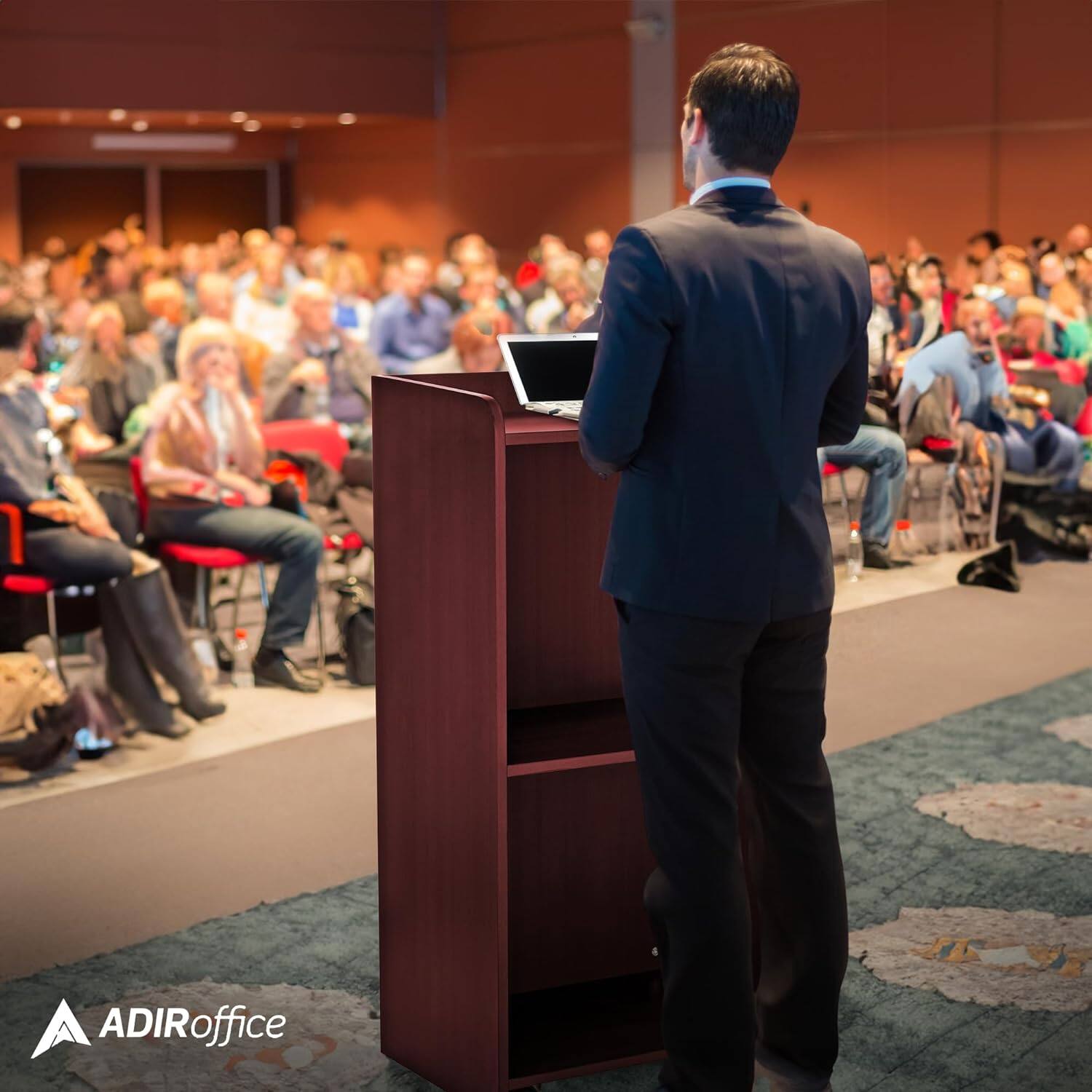 Alt View 7. AdirOffice - Podium Lectern, Wood Mobile Presentation Lectern Stand with Shelves - Mahogany.