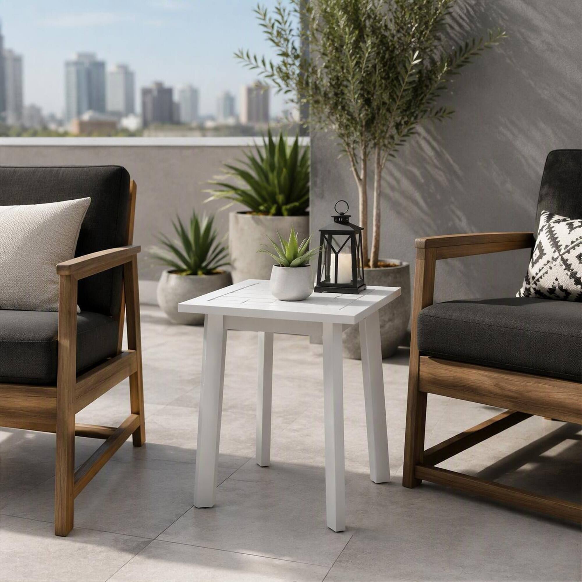 Left. RYHNUYNE - White Natural Stained Acacia Wood Rectangular Accent Side Table,Weather-Resistant Outdoor End Table for Patio Garden - White PU.