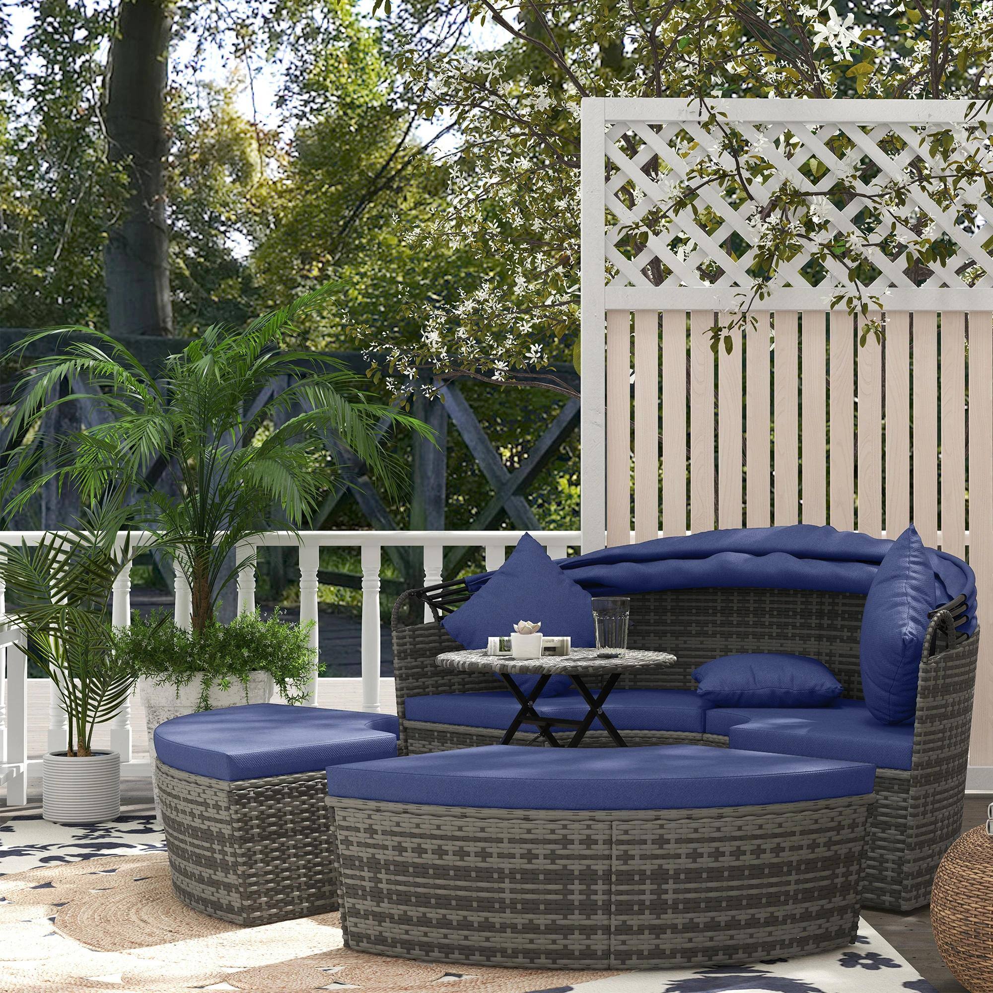 Alt View 6. Resenkos - Resenkos 4 Pieces Round Rattan Daybed Furniture Set, Outdoor Sectional Furniture, Polyethylene Rattan, Blue - Blue.