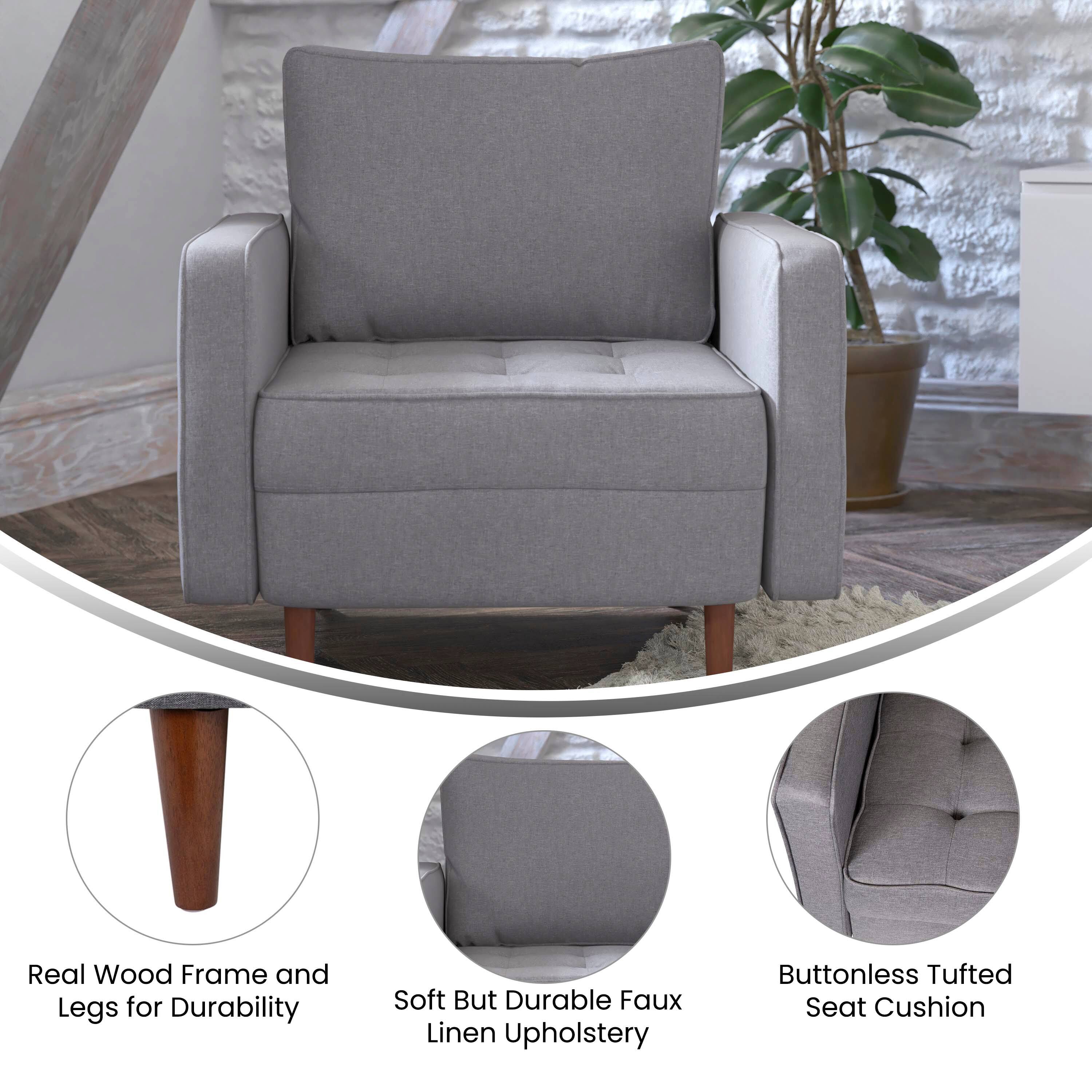 Real Wood Frame and Legs for Durability  
Soft But Durable Faux Linen Upholstery  
Buttonless Tufted Seat Cushion