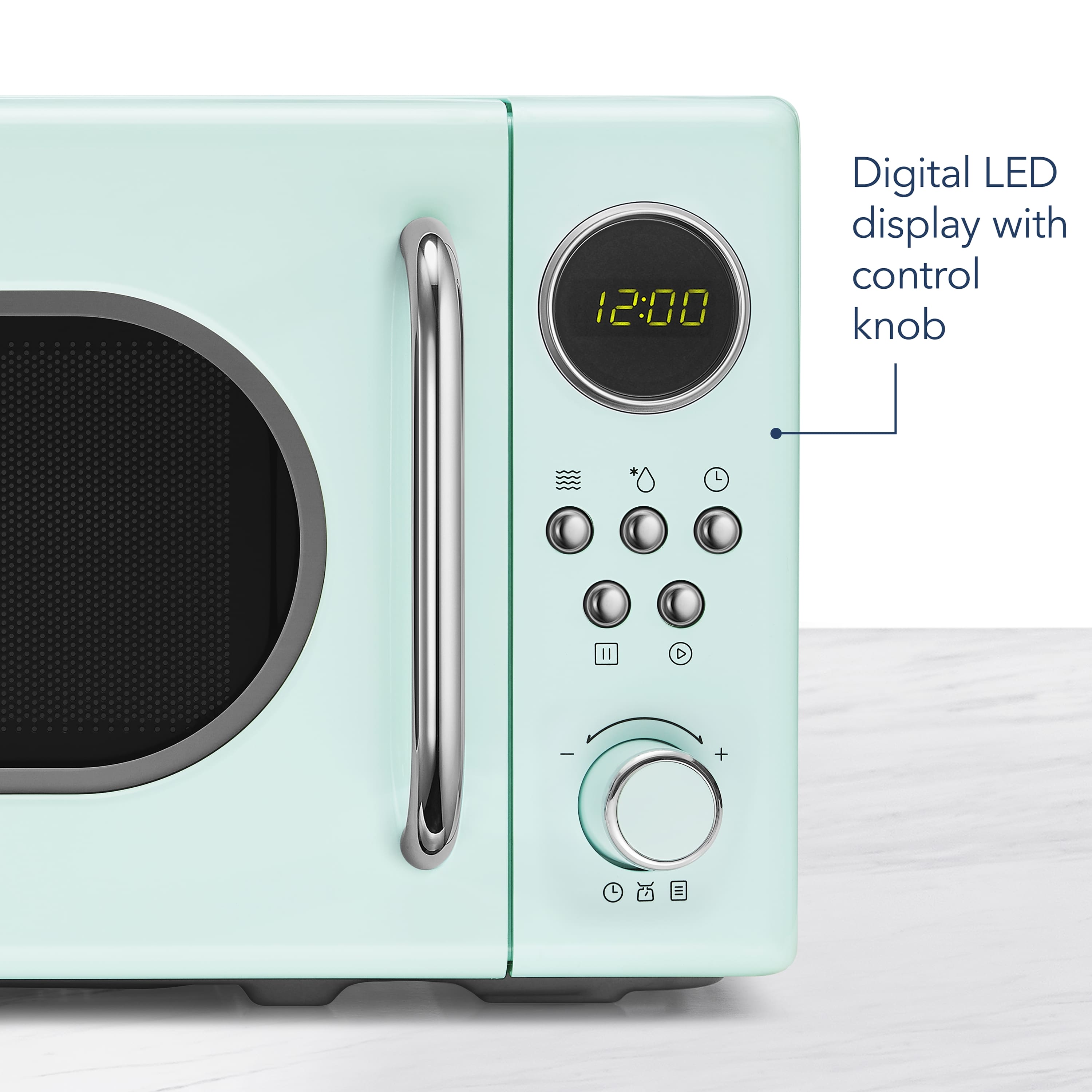 The image features a blue microwave with a digital LED display and a control knob. The display shows the time as 12:00, indicating that it is noon. The microwave is designed to provide a convenient and efficient way to heat or cook food, making it a useful appliance in many households.