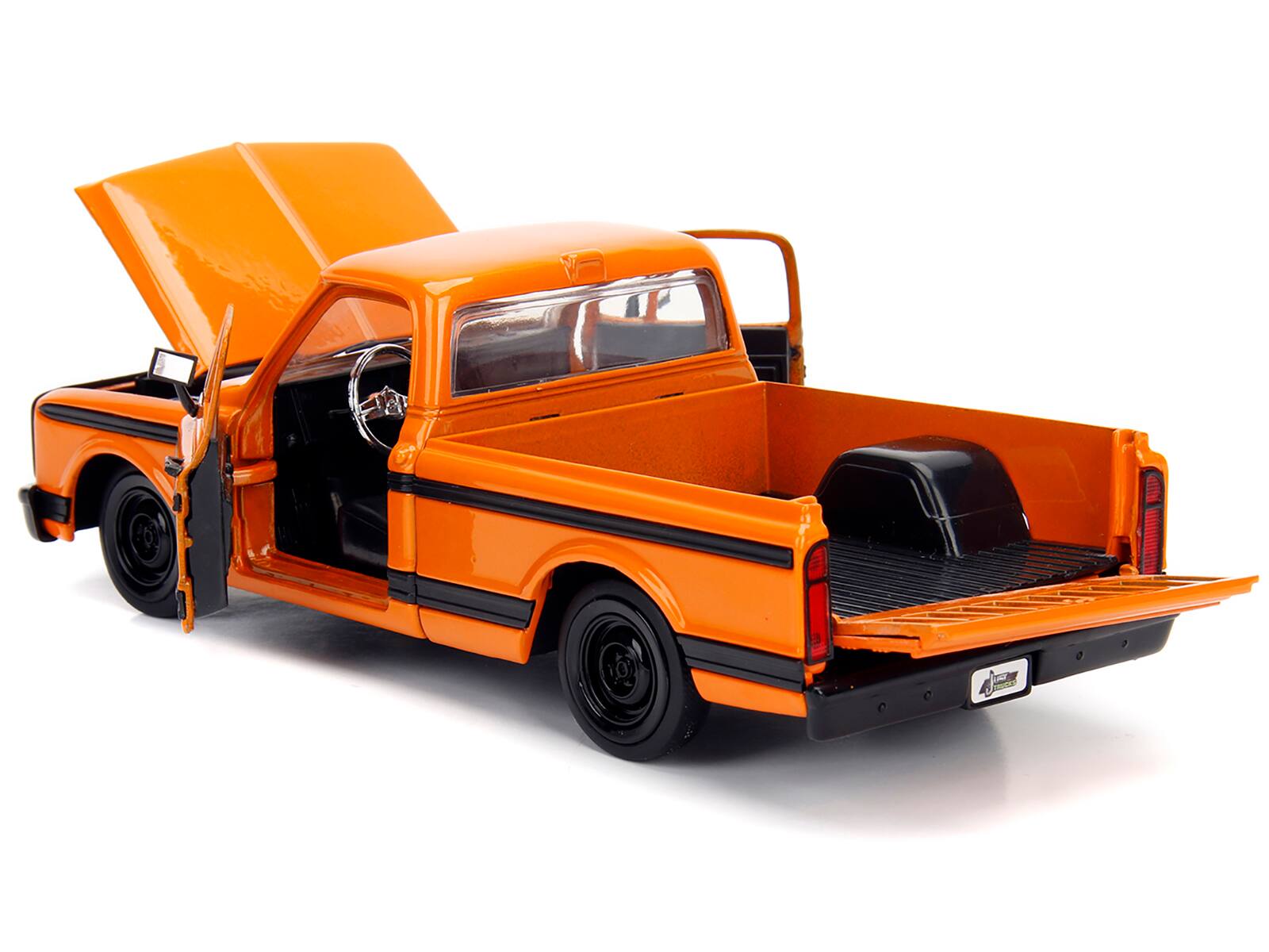 Left. Jada - 1972 Chevrolet Cheyenne Pickup Truck Orange with Black Stripes and Extra Wheels "Just Trucks" Series 1/24 - Orange With Black.