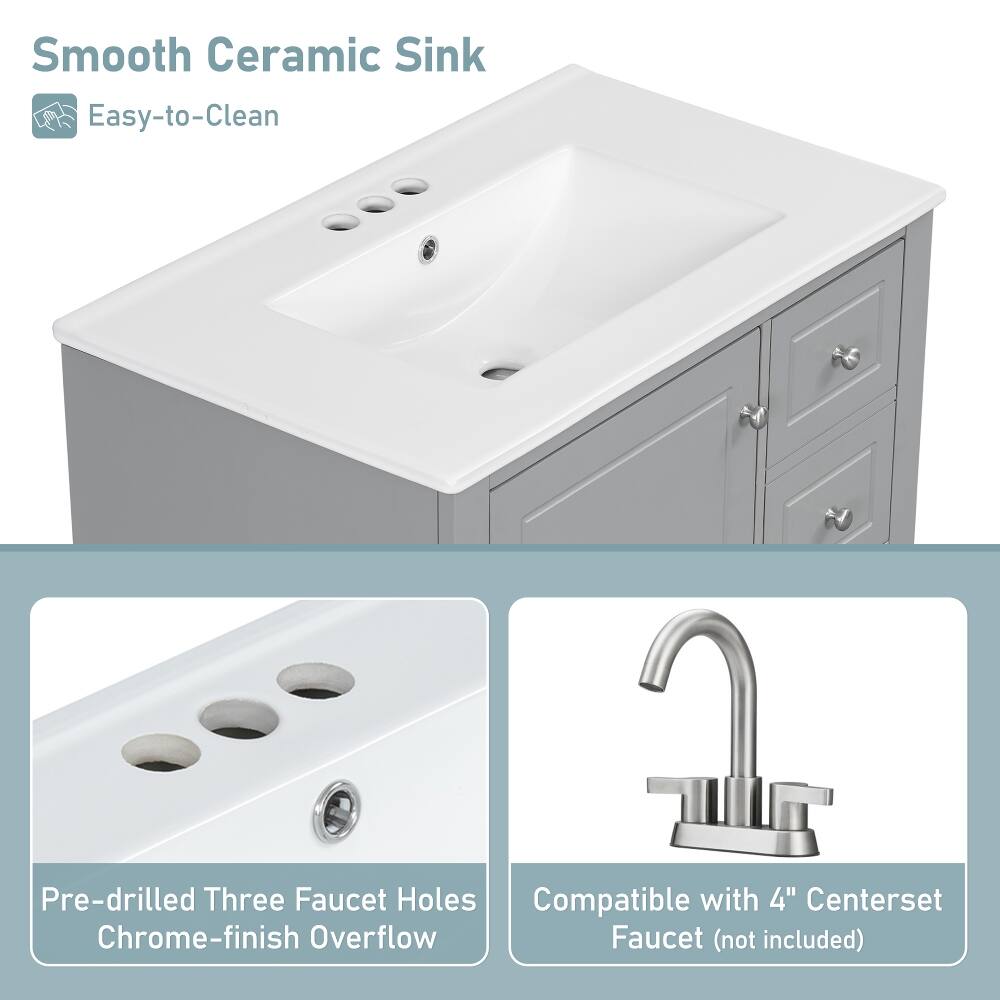 Smooth Ceramic Sink Easy-to-Clean

Pre-drilled Three Faucet Holes Chrome-finish Overflow

Compatible with 4" Centerset Faucet (not included)