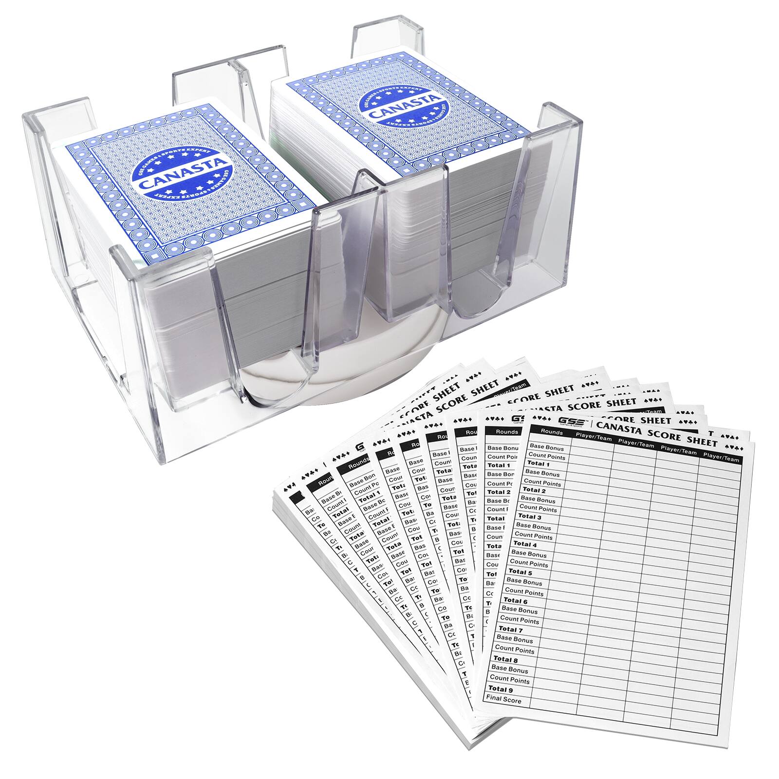 GSE Games & Sports Expert - Canasta Cards Game Set - 6 Decks Blue Canasta Cards with Point Values, a Revolving Card Tray, 100 Score Pads