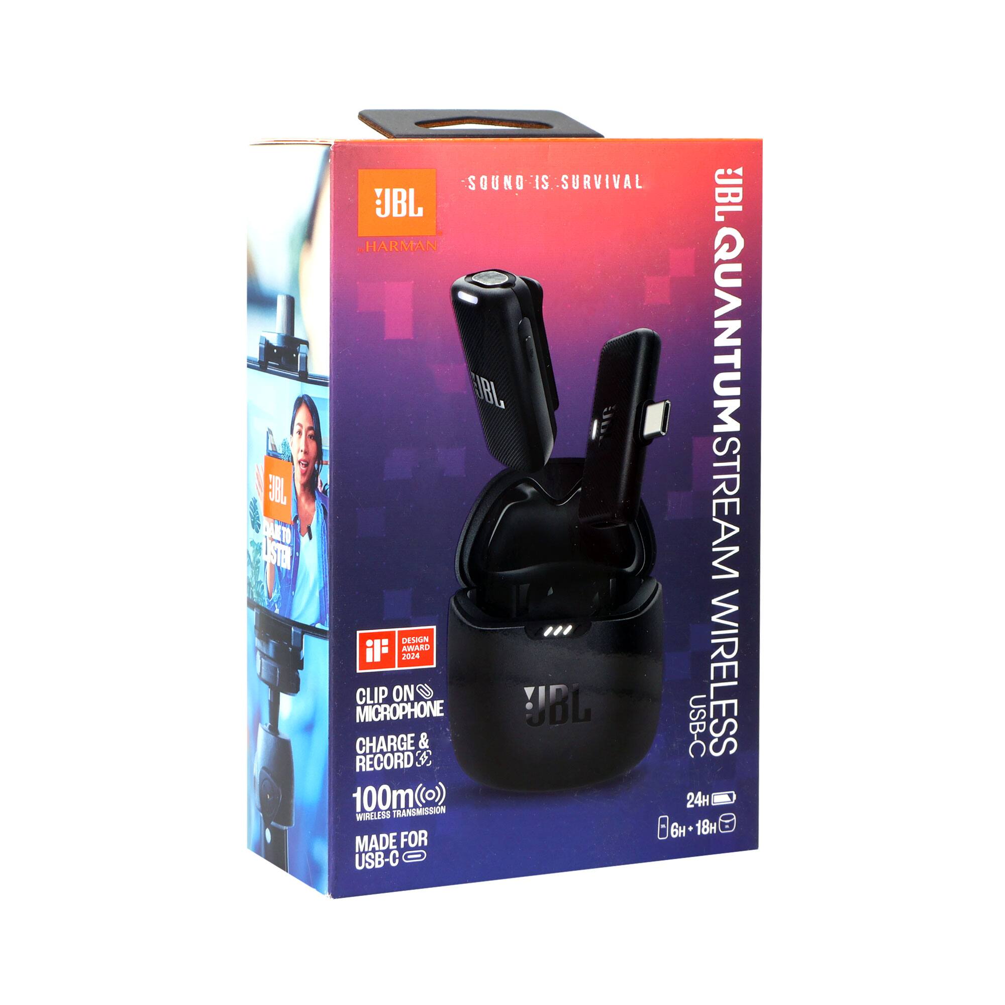 Sure, here is the corrected and grouped text from the image:

---

**JBL Quantum Stream Wireless**

**Sound is Survival**

**Clip On Microphone**

**Charge & Record**

**100m (o) Wireless Transmission**

**Made for USB-C**

**24H**

**6H 18H**

**Design Award Winner**

**JBL Quantum Stream Wireless**

**Clip On Microphone**

**Charge & Record**

**100m (o) Wireless Transmission**

**Made for USB-C**

**24H**

**6H 18H**

**Design Award Winner**

---

This text is grouped and corrected based on the information visible on the packaging.