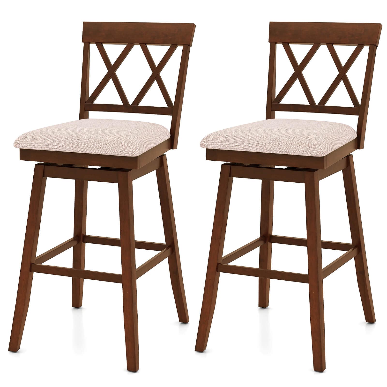 Costway - 2 PCS 29" Bar Stool Wooden Chair with Contoured Backrest Swivel Padded Seat for Kitchen - White/Gray