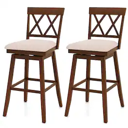 Costway - 2 PCS 29" Bar Stool Wooden Chair with Contoured Backrest Swivel Padded Seat for Kitchen - White/Gray