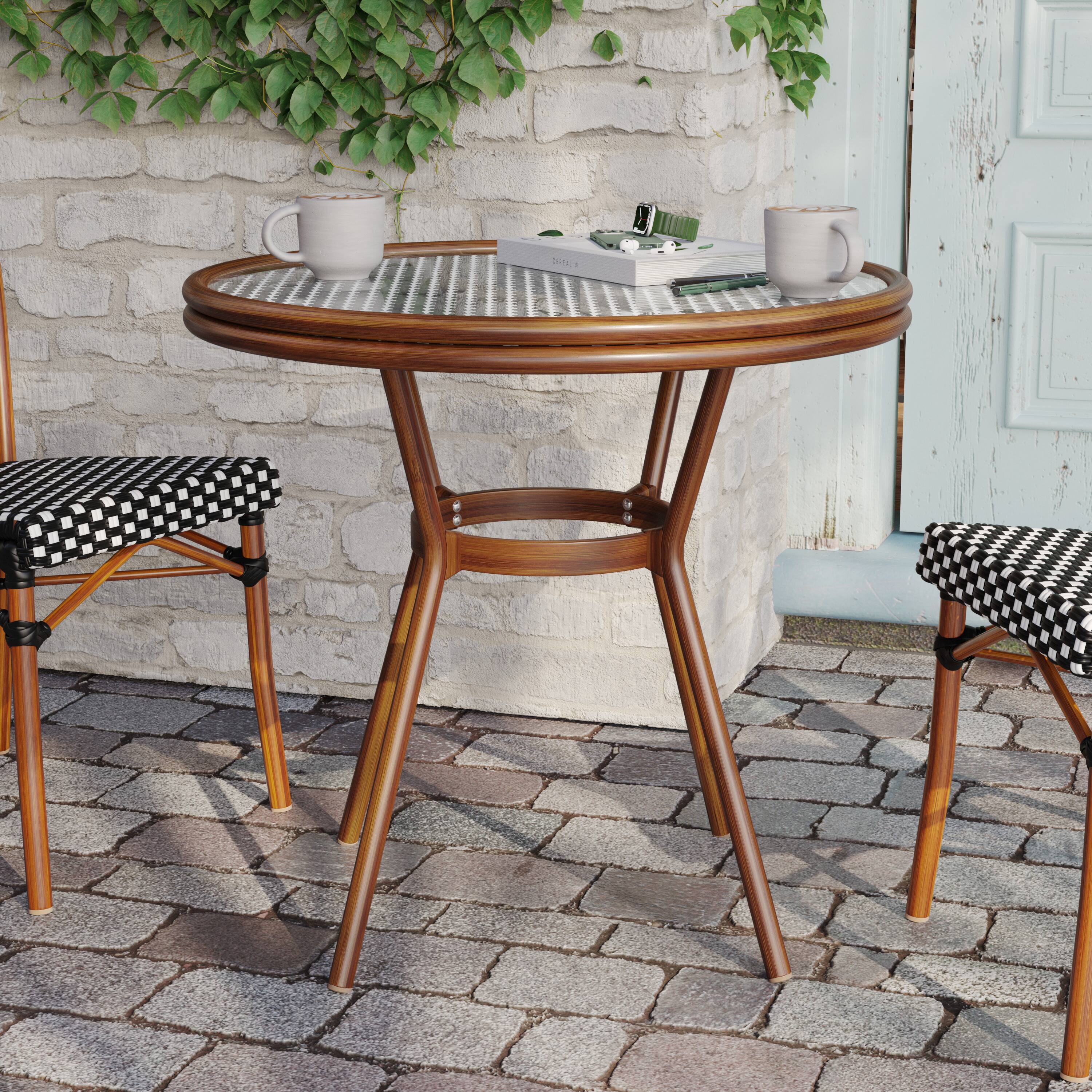Alt View 1. Flash Furniture - Lourdes Indoor/Outdoor Commercial Bistro 31.5" Table, Black and White PE Rattan, Glass Top, Bamboo Print Aluminum Frame - Black.