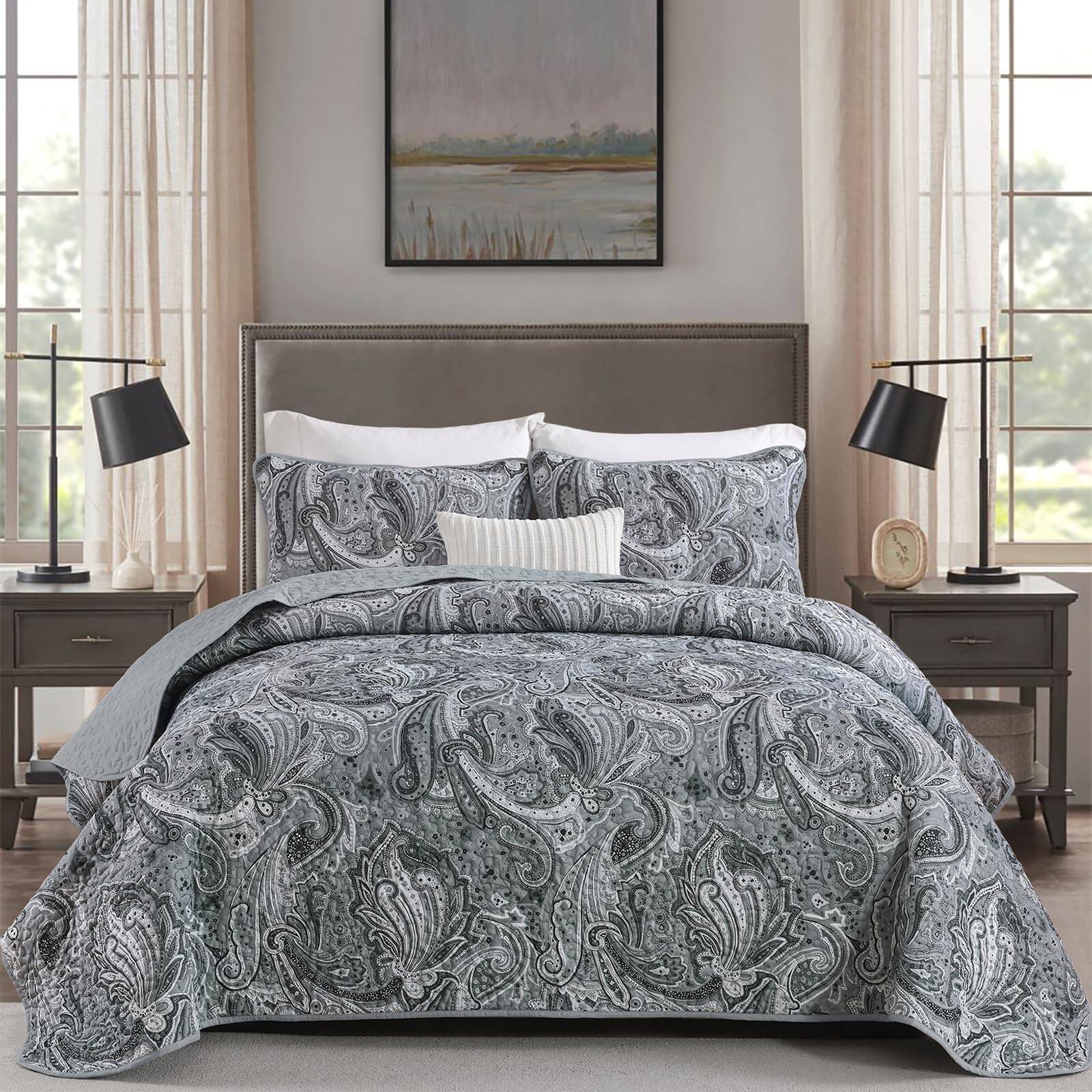 Photos - Bed Linen Lightweight Earthley Blooms - Paisley Quilt Set Boho Bedspread Coverlet 3 Pieces Soft  Microfiber Vintage Dark Floral Pattern 