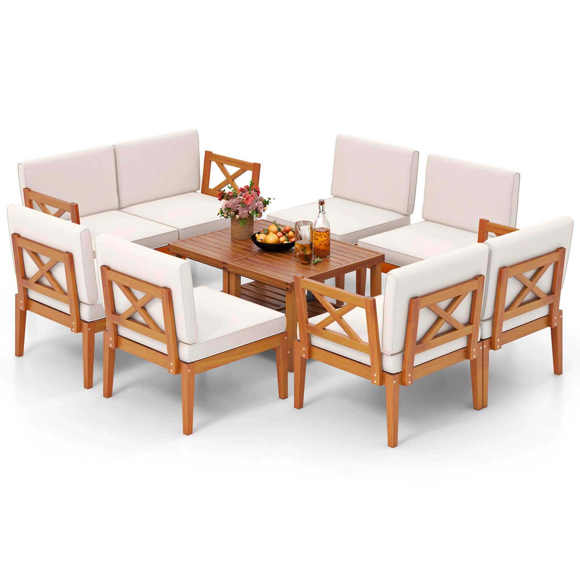 Gymax - 10 PCS Patio Furniture Set Acacia Wood w/ Cushions & 2-Tier Coffee Table - Off White price history on PriceWatchPro