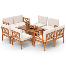 Gymax - 10 PCS Patio Furniture Set Acacia Wood w/ Cushions & 2-Tier Coffee Table - Off White