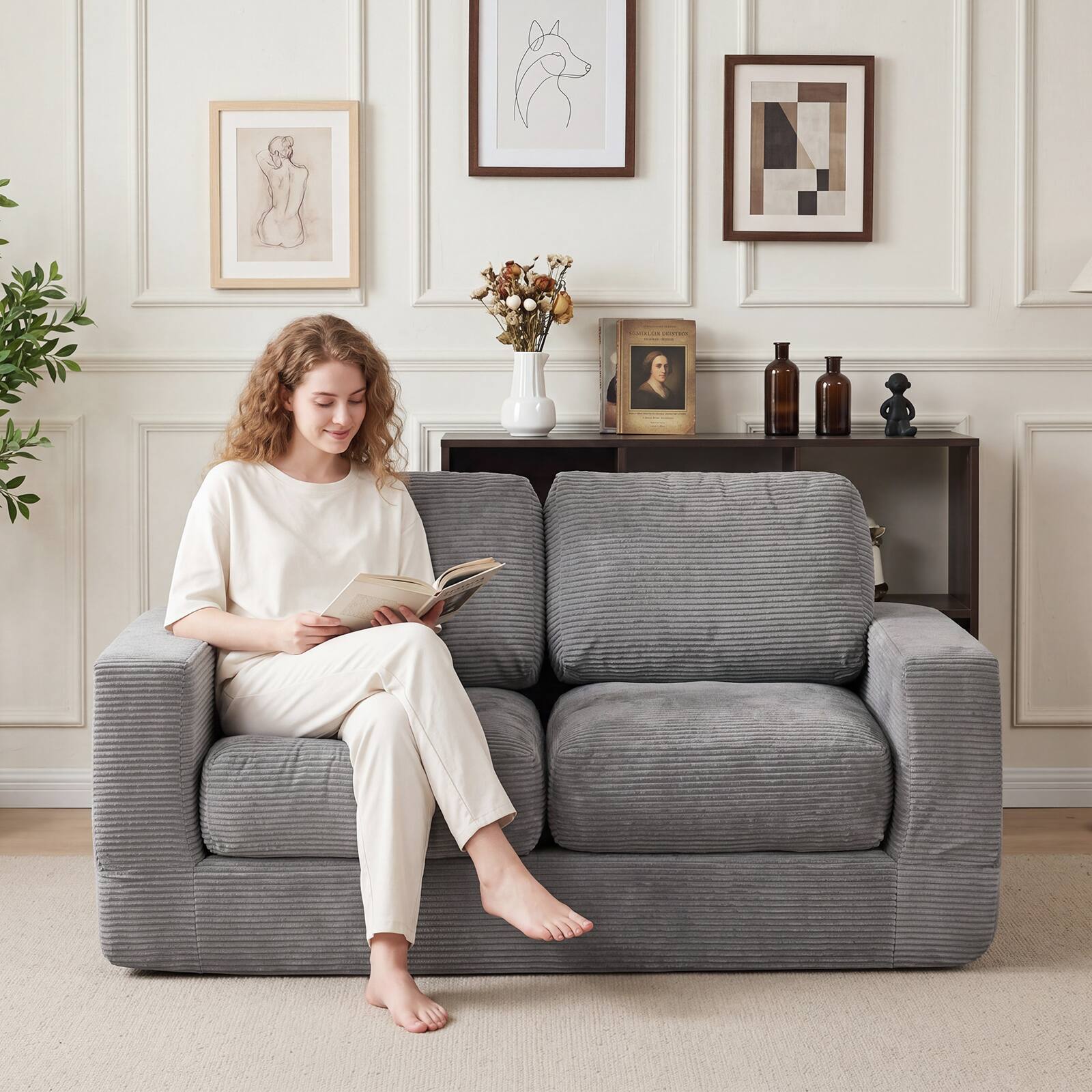 Alt View 3. Costway - Costway Floor Couch, Loveseat Foam Sofa with Removable Corduroy Cover, Back & Seat Cushions - Gray.