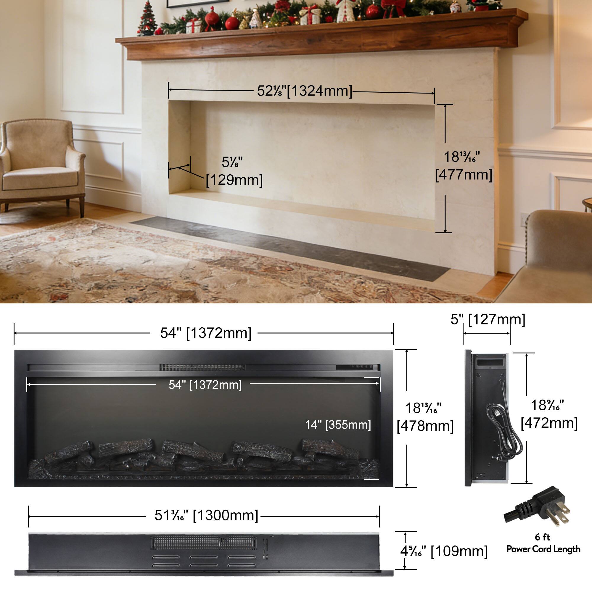 52" [1324mm]  
5" [129mm]  
18 1/4" [477mm]  
54" [1372mm]  
5" [127mm]  
54" [1372mm]  
18 1/4" [478mm]  
18 1/4" [472mm]  
51 1/2" [1300mm]  
4" [109mm]  
6 ft Power Cord Length