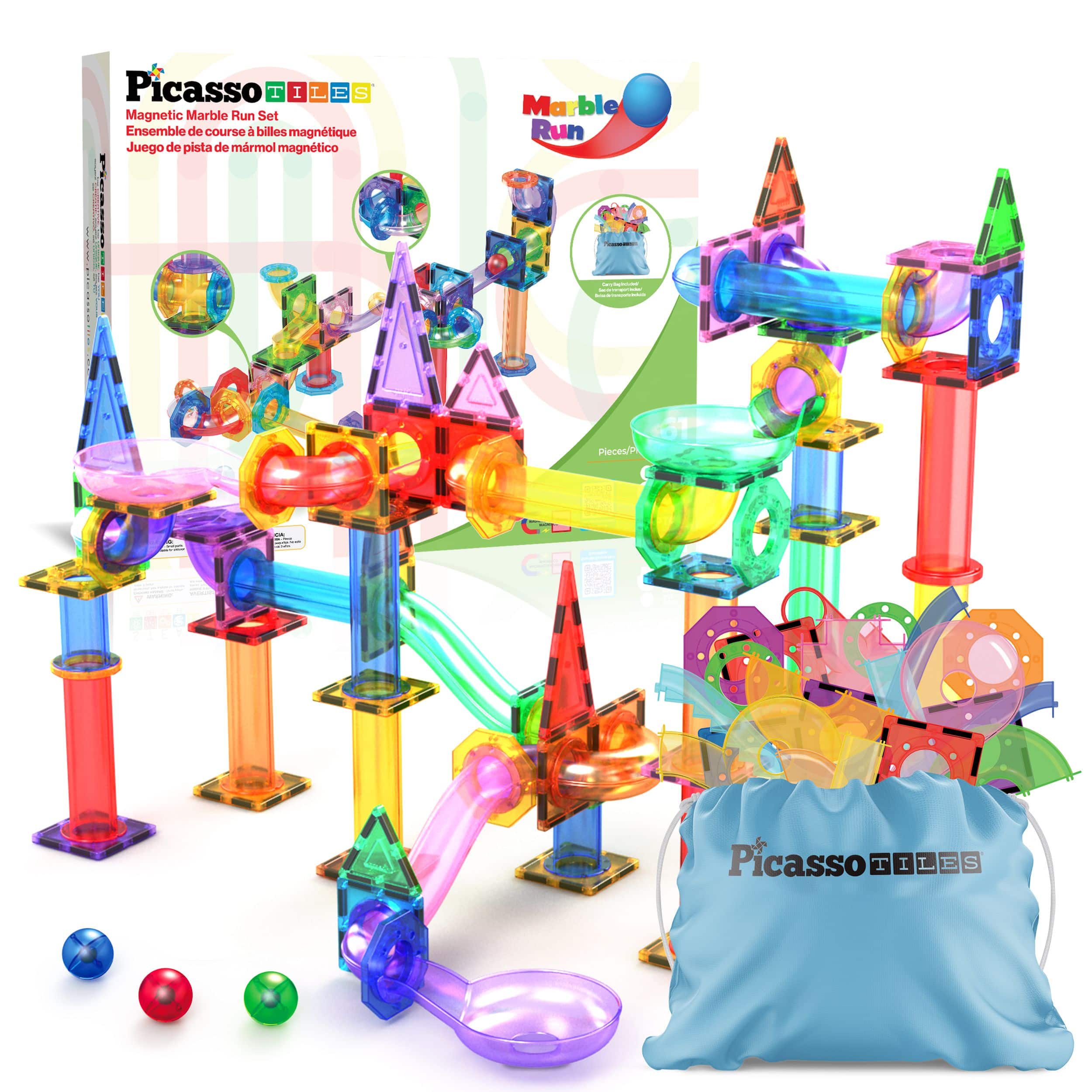 Picasso Tiles  
Magnetic Marble Run Set  
Ensemble de course à billes magnétique  
Juego de pista de mármol magnético  

Marble Run  
Pieces/Pieces  

Picasso Tiles