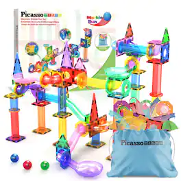 PicassoTiles - Marble Run Magnetic Tiles for Kids – 62PCS STEM Construction Building Blocks Toy Set