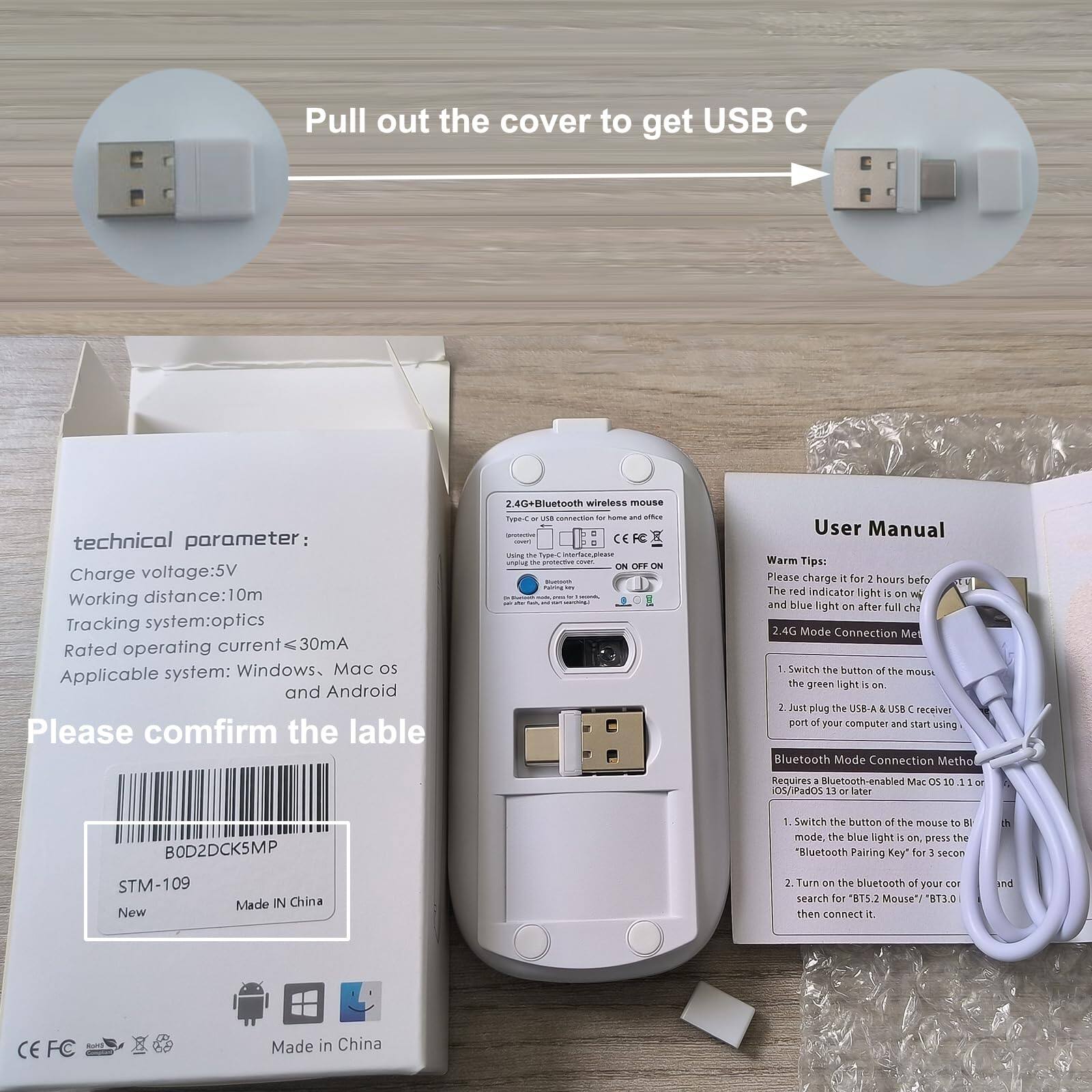 **Technical Parameter:**

- Charge voltage: 5V
- Working distance: 10m
- Tracking system: optics
- Rated operating current: ≤30mA
- Applicable system: Windows, Mac OS, and Android

**Please confirm the label:**

- BOD2DCK5MP
- STM-109
- Made in China

**User Manual:**

**Warm Tips:**

- Please charge for 2 hours before use. The red indicator light is on when charging, and the blue light is on after full charge.

**2.4G Mode Connection Method:**

1. Switch the button of the mouse to ON. The green light is on.
2. Just plug the USB-A & USB-C receiver port of your computer and start using.

**Bluetooth Mode Connection Method:**

1. Switch the button of the mouse to Bluetooth mode. The blue light is on. Press the "Bluetooth Pairing Key" for 3 seconds.
2. Turn on the Bluetooth of your computer and search for "RTS.2 Mouse"/"B73.0". Then connect it.

**Bluetooth-enabled Mac OS 10.11 or later, iOS/iPadOS 13 or later.