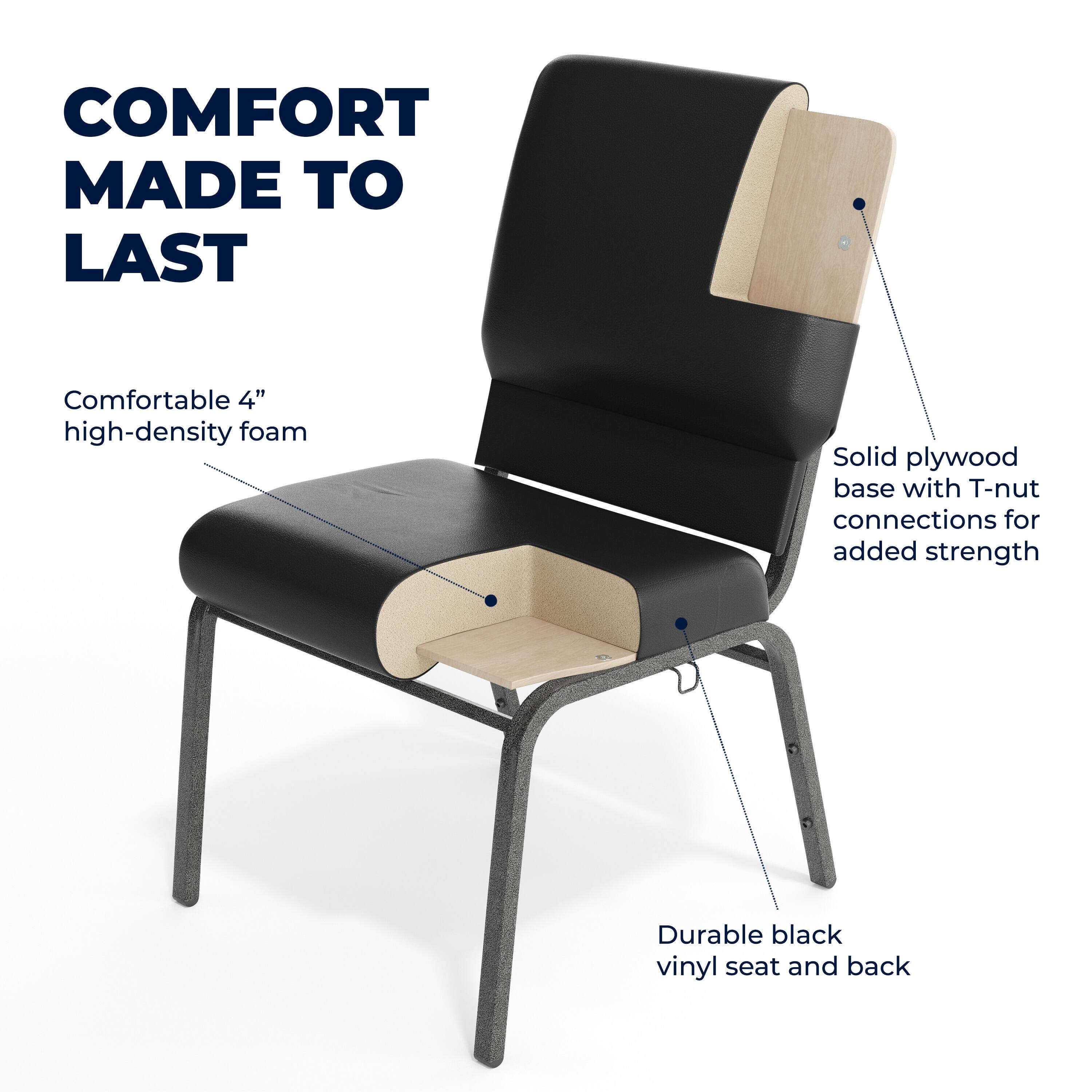 COMFORT MADE TO LAST

Comfortable 4" high-density foam

Solid plywood base with T-nut connections for added strength

Durable black vinyl seat and back