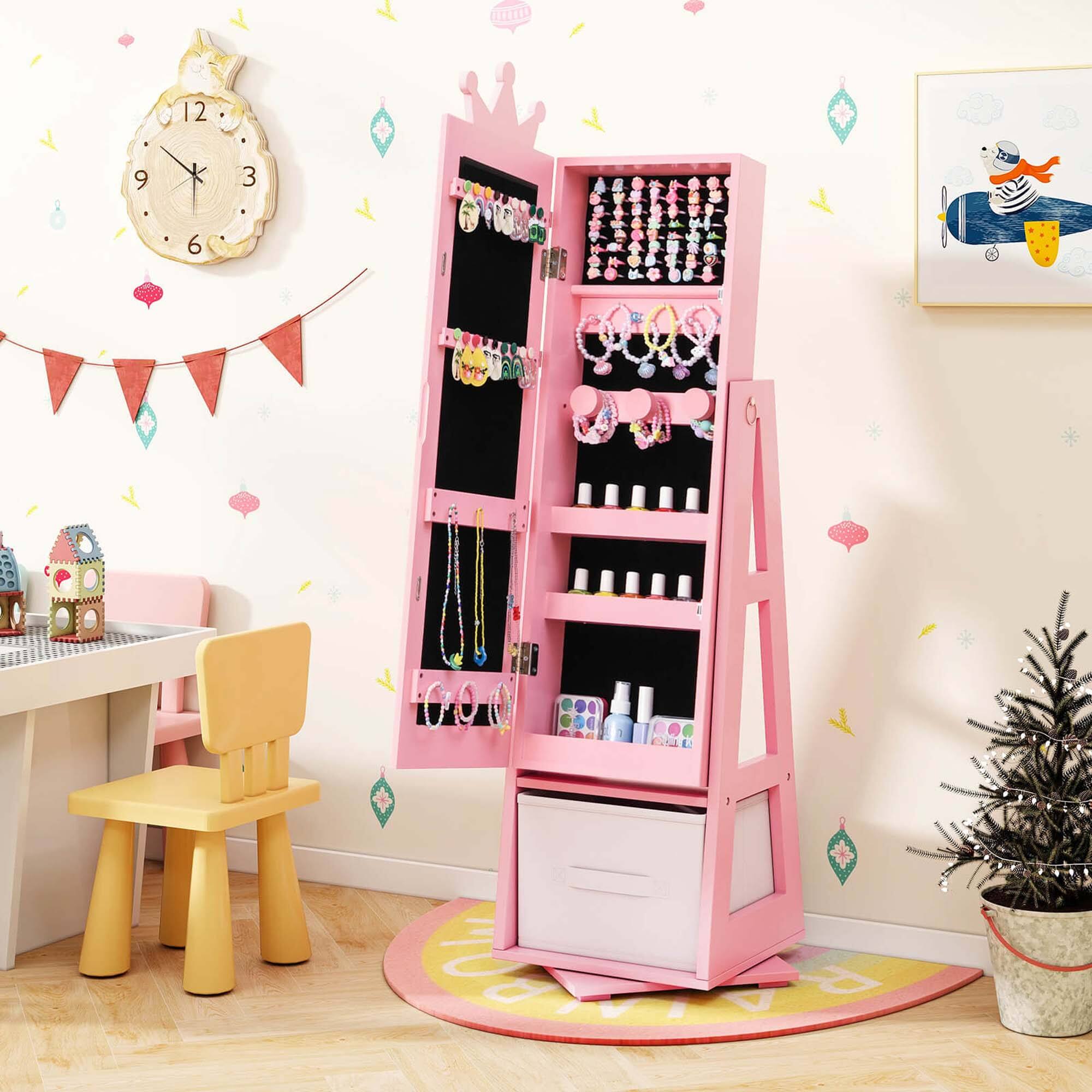 Alt View 1. Costway - Costway Kids Jewelry Cabinet with Full-Length Mirror Foldable Drawer Anti-toppling System - Pink.