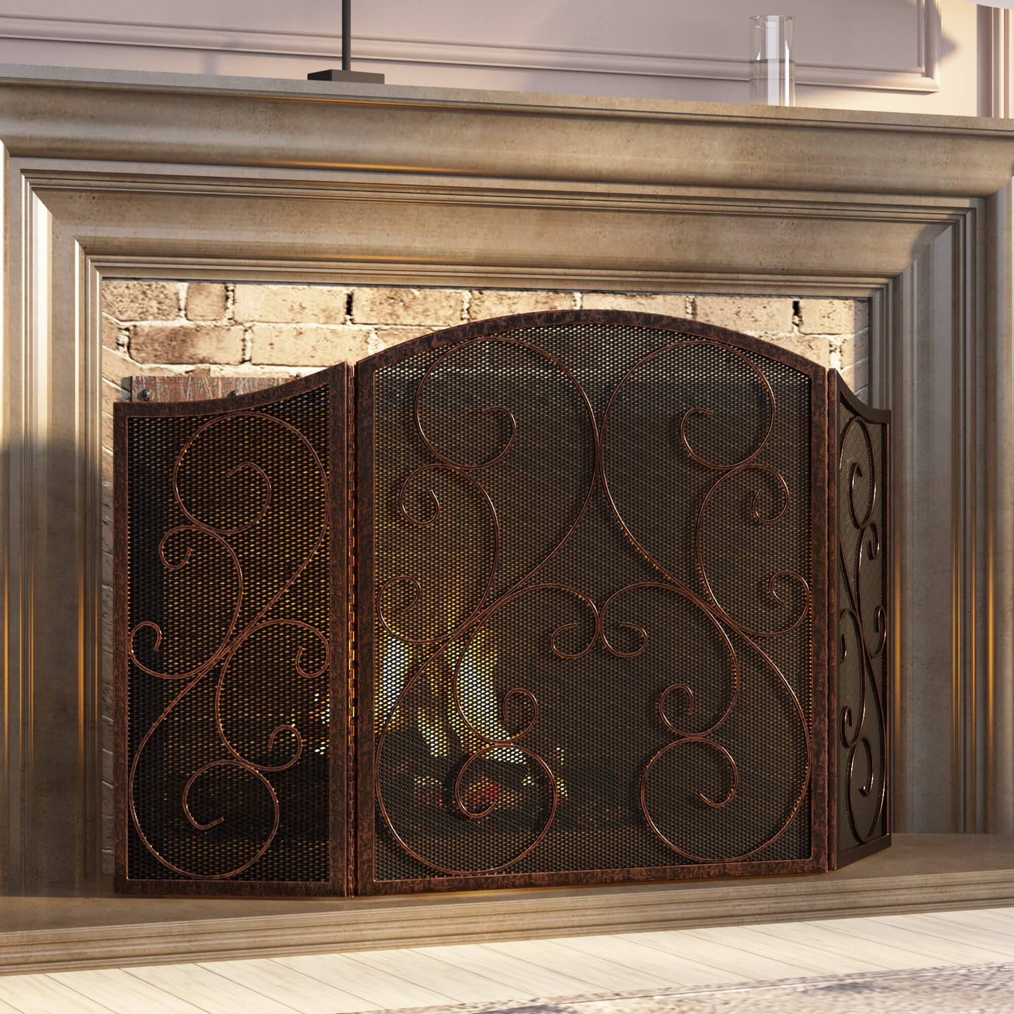 Alt View 5. JETRANSPORT - Fireplace Screen 3 Panel Wrought Iron Metal 48"(l) X30(h) Spark Guard Cover(brushed Copper) - Golden.