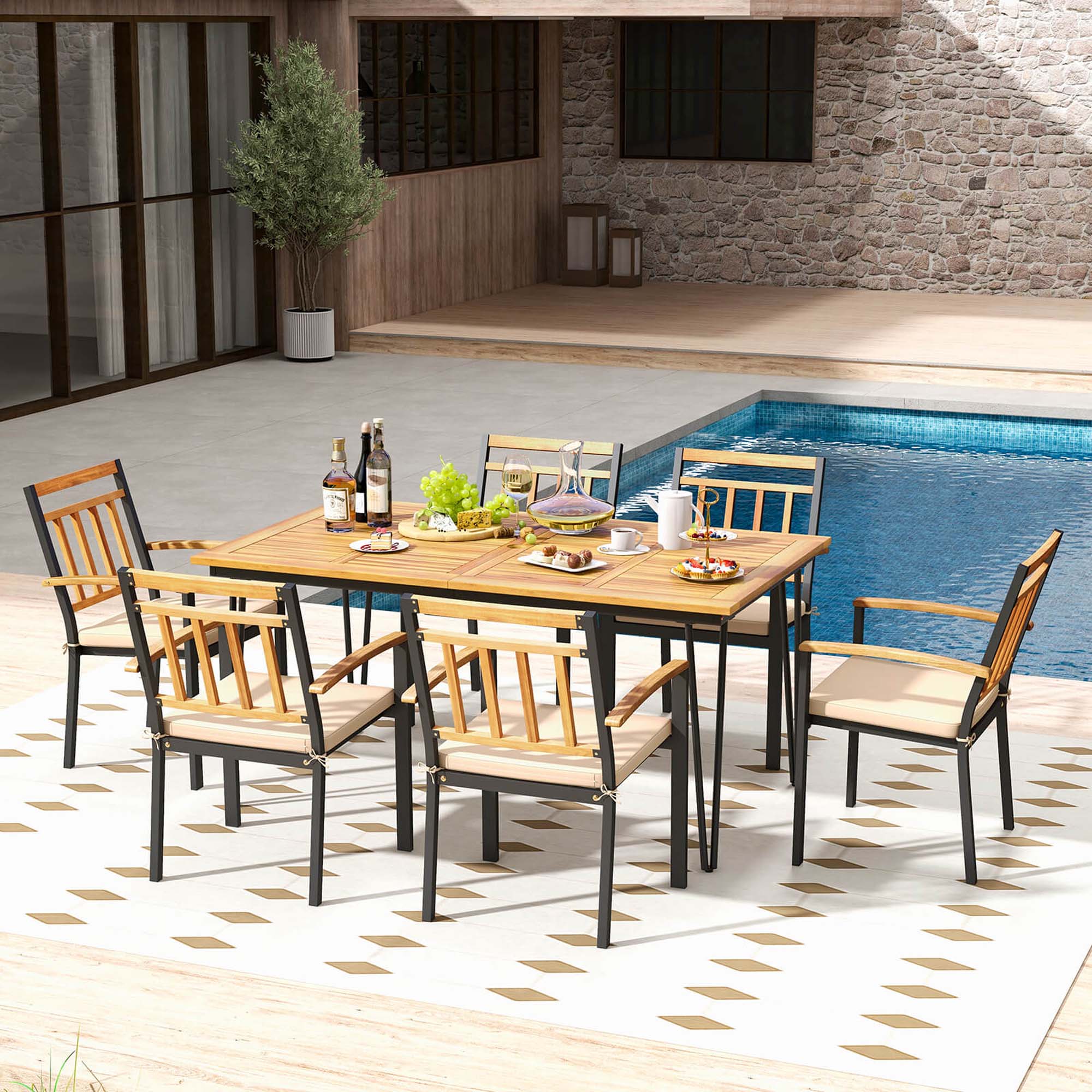 Alt View 5. Costway - 7 PCS Patio Dining Set with Acacia Wood Dining Table Rattan Armchairs Soft Cushions - Natural + Black.