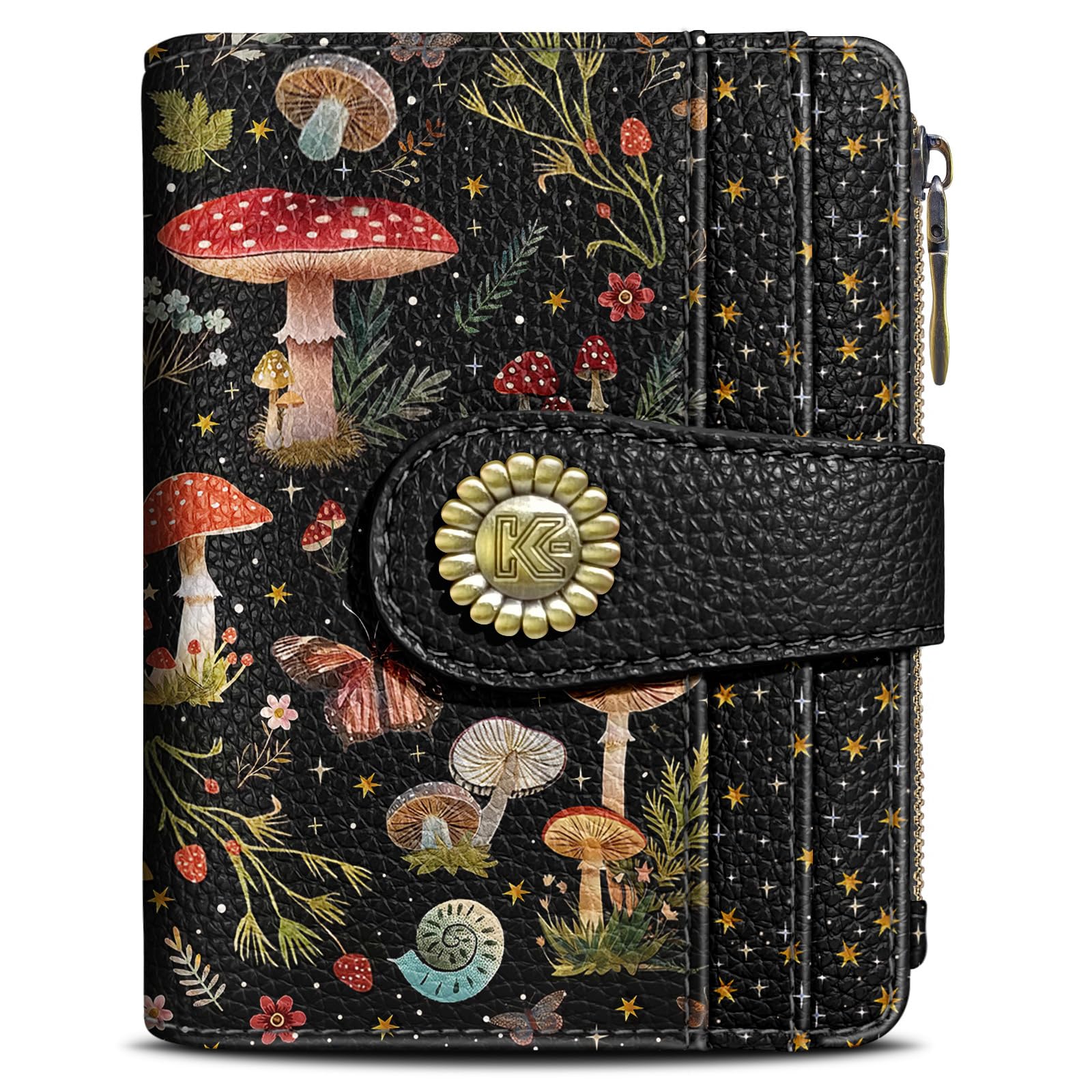 Jadie Link - Mushroom Snake Night Small Rfid Women Wallet Bifold Zipper Pocket Leather Compact Credit Card Holder Travel Female - Mushroom Moon