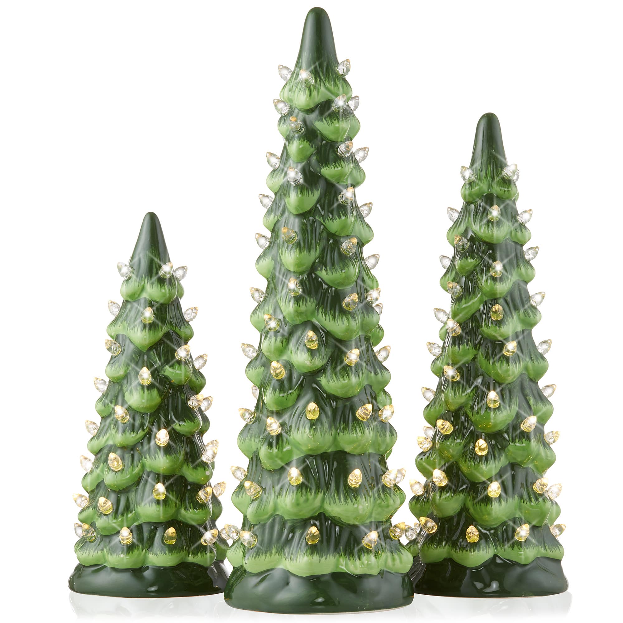 Casafield - 3PC Set 8/10/12" Pre-Lit Ceramic Christmas Trees with Lights - Green w/ White