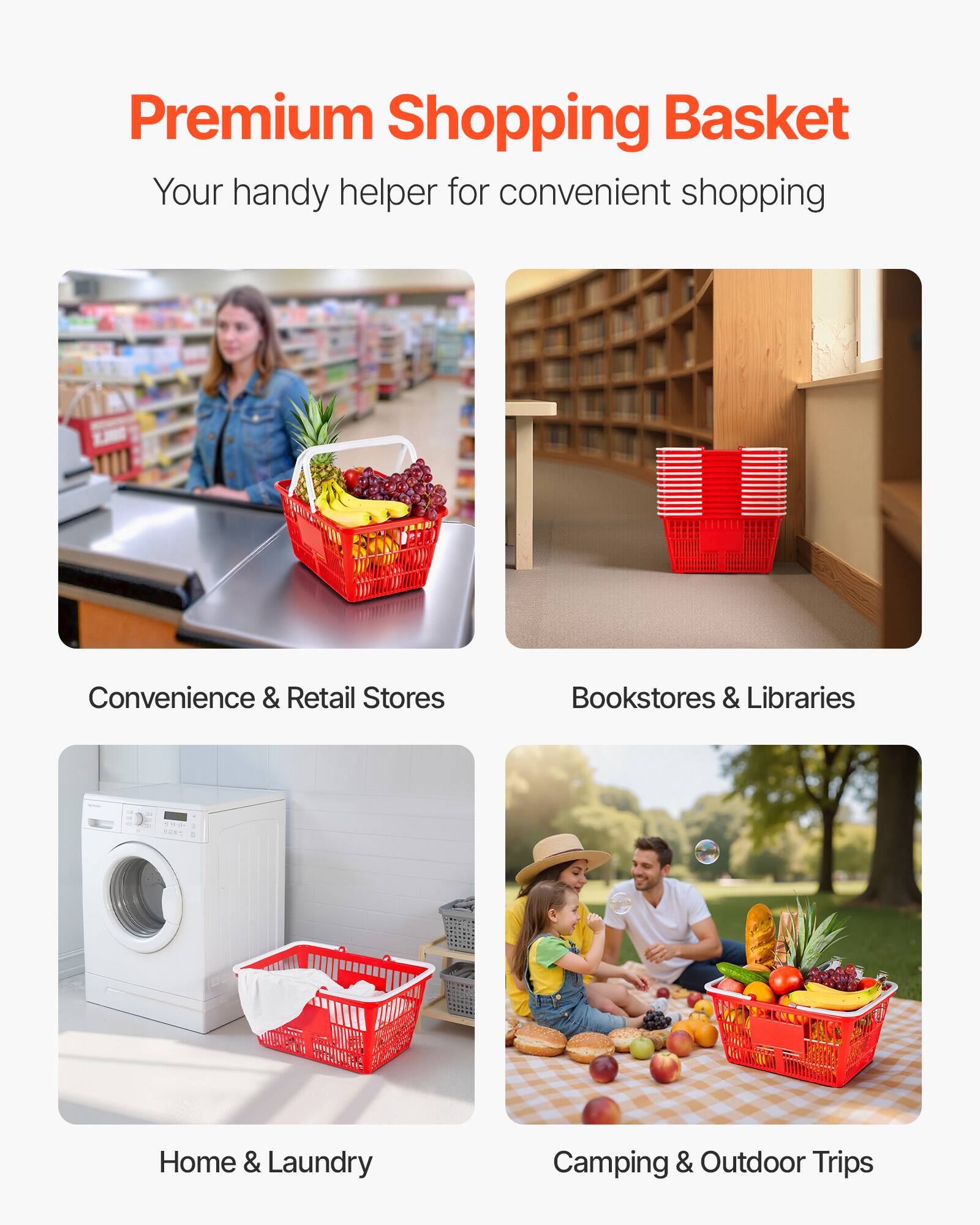 Premium Shopping Basket  
Your handy helper for convenient shopping  

Convenience & Retail Stores  
Bookstores & Libraries  
Home & Laundry  
Camping & Outdoor Trips