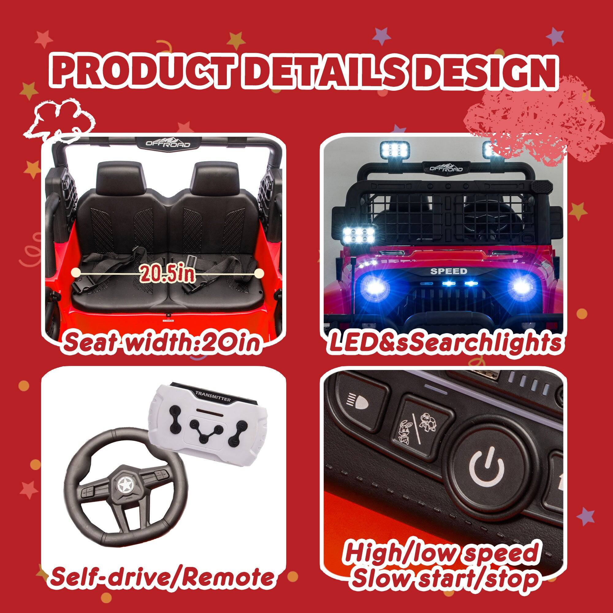 PRODUCT DETAILS DESIGN

- Seat width: 20.5in
- LED & Searchlights
- TRANSMITTER
- Self-drive/Remote
- High/low speed
- Slow start/stop