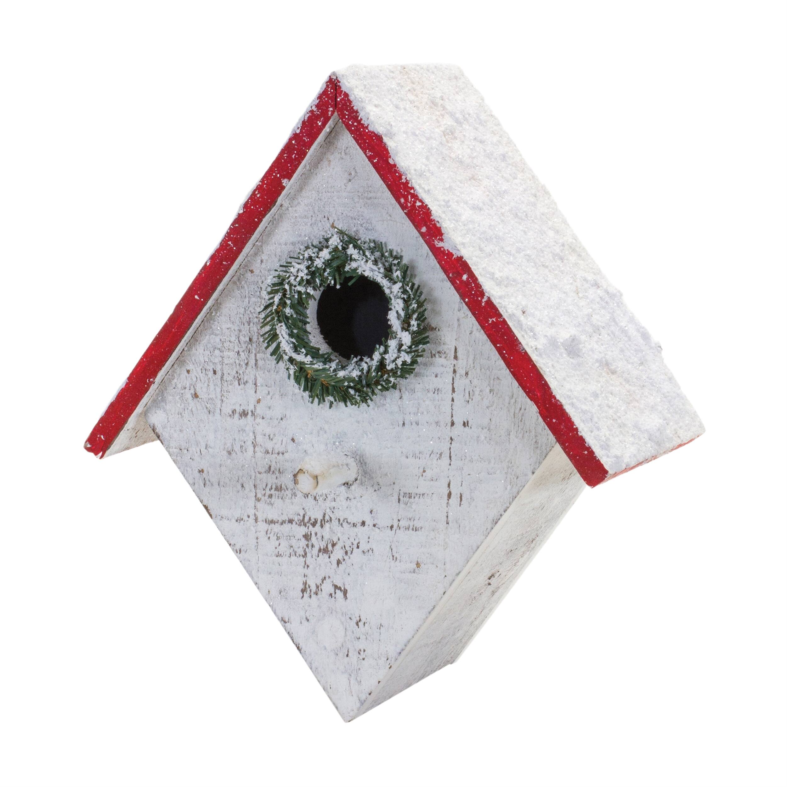 Alt View 2. BreeBe - Flocked Wood Birdhouse with Wreath Accent (Set of 4) - White, Red.