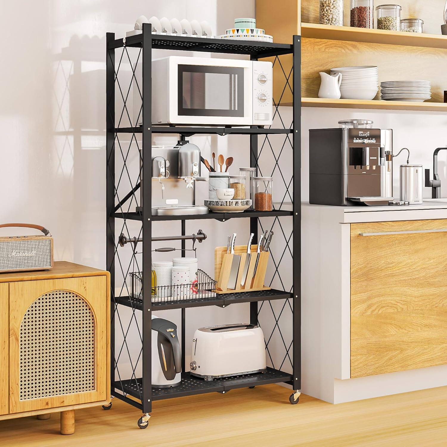 Alt View 4. HONGGE - Foldable 5 Tier Metal Storage Rack with Wheels - Black.