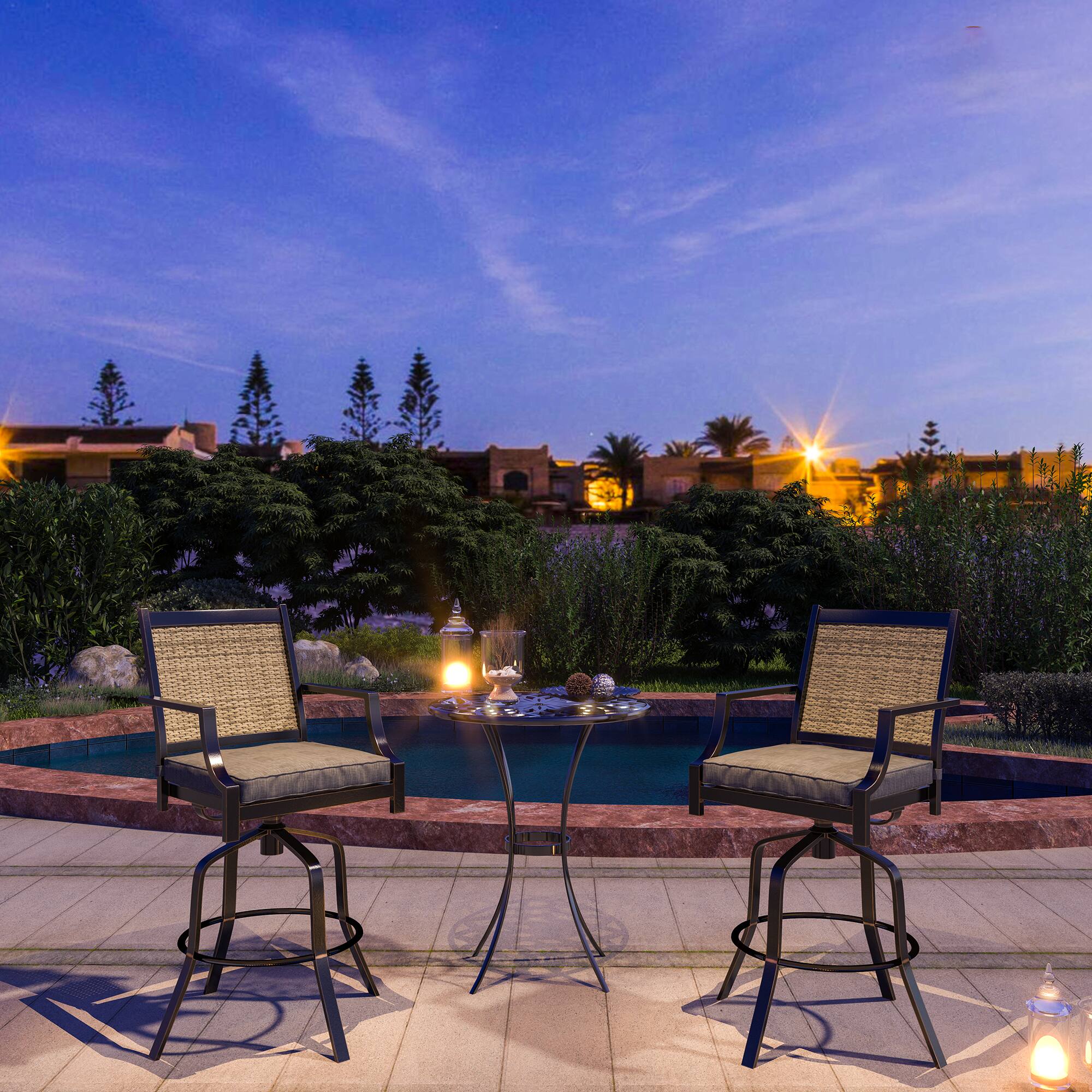Angle. Mondawe - 2-Piece Swivel Bar Chair Set with Yarn-dyed Fabric Cushion - Black+Brown.