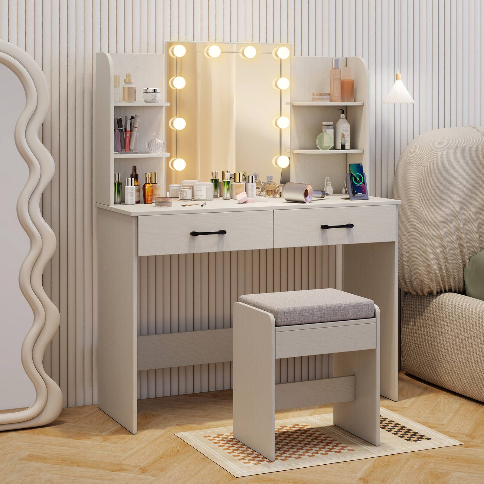 Angle. SlickBlue - Vanity Set with Lighted Mirror, Comfortable Stool, and Power Outlet - White.