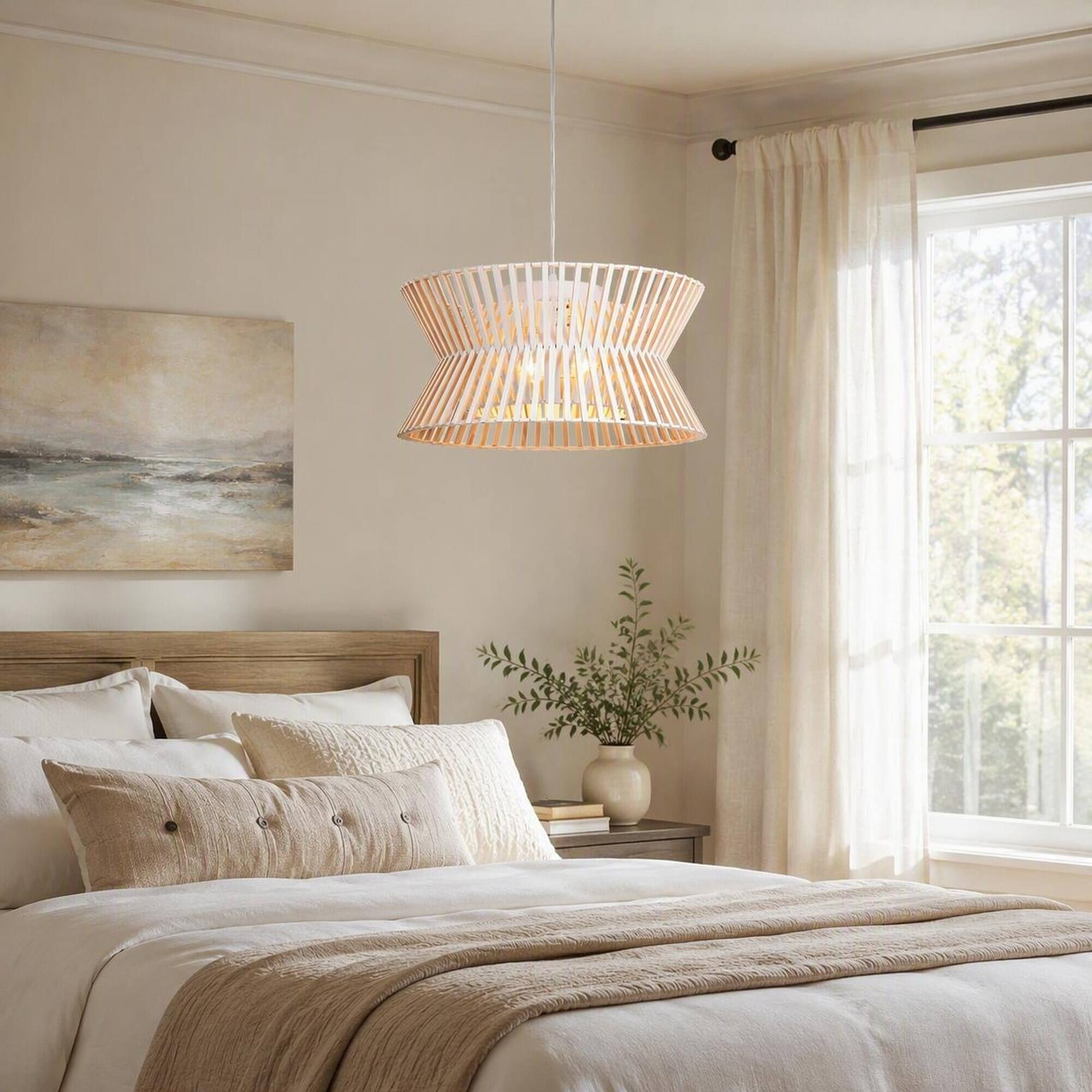 Back. RYHNUYNE - 17.7'' Antique White Wood Chandelier, 3-Light Farmhouse Pendant with Boho Wicker Shade - White.