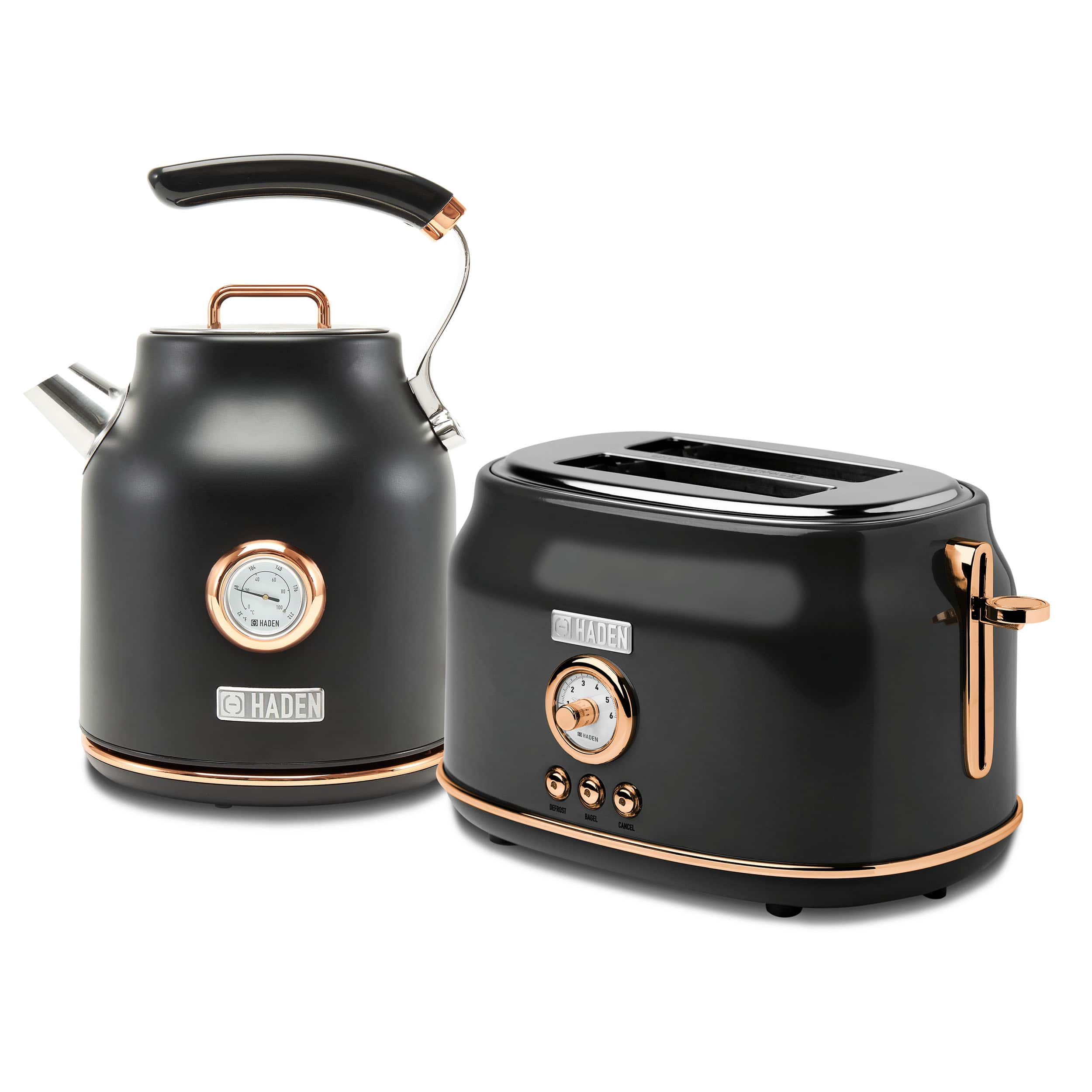 Haden - Dorset Electric Water Kettle & 2 Slice Wide Slot Toaster, Black & Copper - Black/Copper