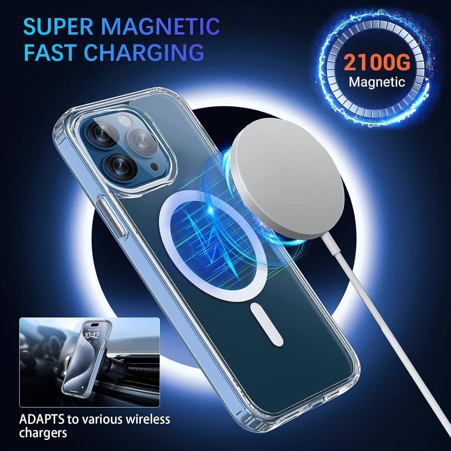 SUPER MAGNETIC FAST CHARGING, 2100G Magnetic, ADAPTS to various wireless chargers, 10:42
