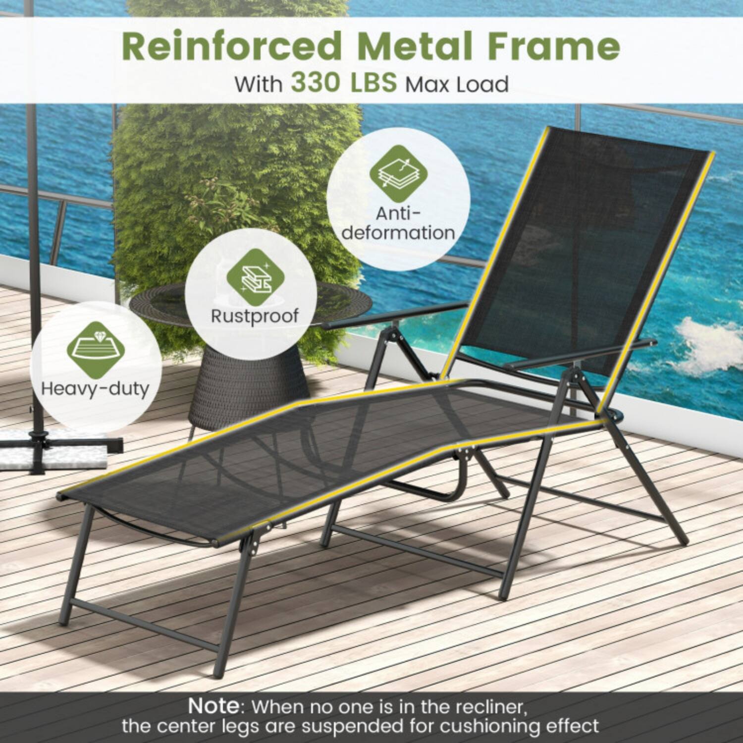 Reinforced Metal Frame  
With 330 LBS Max Load  

- Anti-deformation  
- Rustproof  
- Heavy-duty  

Note: When no one is in the recliner, the center legs are suspended for cushioning effect.