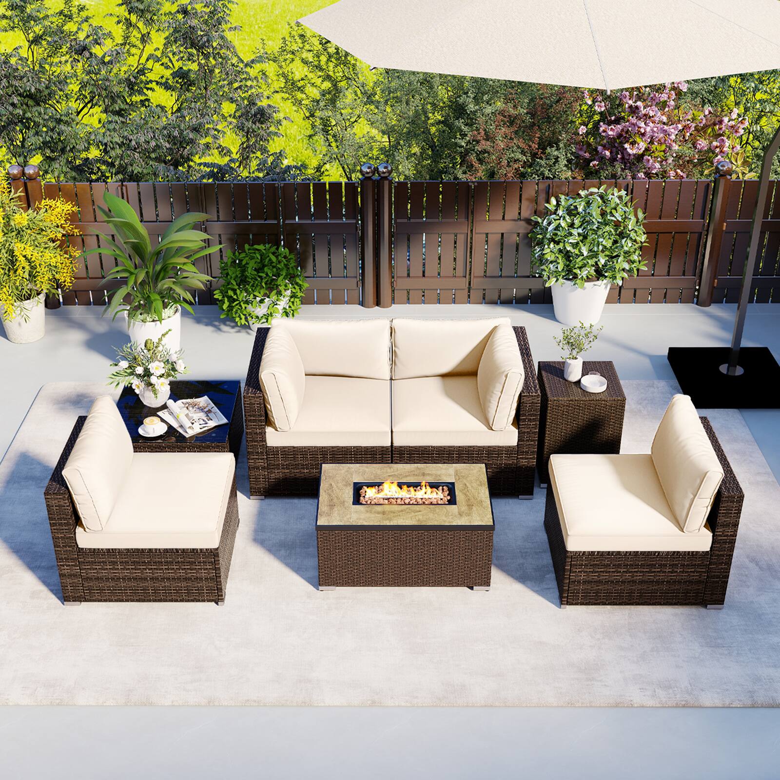 Alt View 1. Costway - Costway 7 Pieces Outdoor Furniture Set with 32" Fire Pit Table and Propane Tank Cover - White.