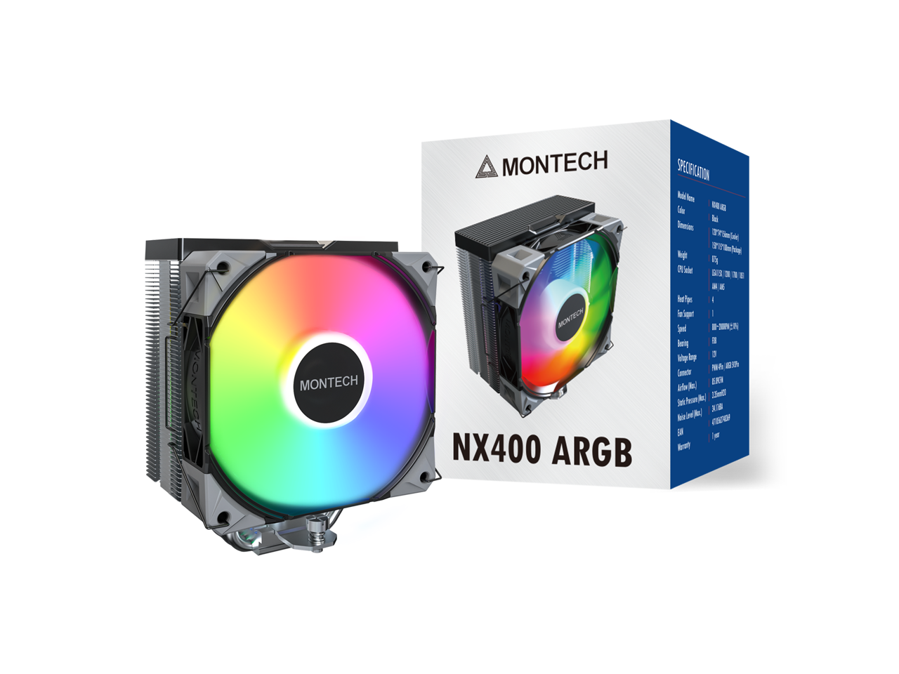 Montech - NX400 ARGB - CPU Cooler, 4 Heat Pipes, 52-fin Sink, 120mm FDB Fan, ARGB Lighting - Black