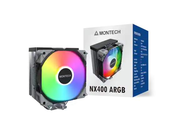 MONTECH NX400 ARGB
SPECIFICATION
Model Name: NX400 ARGB
Color: Black
Dimensions: 120 x 120 x 30 mm
Net Weight: 0.35 kg
CPU Socket: LGA 1155/1156/1150/1151/AM4
Red Ring: 4
Fan Support: 1
Speed: 1000-1600 RPM ±10%
Bearings: SSO
Voltage: 12V
Voltage Range: 105-135V
Connector: 3-pin
Airflow: 63.6 CFM
Static Pressure: 2.35mmH2O
Start Pre-Load: 0.05A
Noise Level (Max): 28.5dB(A)
Warranty: 1 year
M T a Sde la Sinerin 3 3m p Nl y 0 Sxe E a E a he hps I i pper Sped I S0 N koig E by D W Comece BO lir R l 15ml