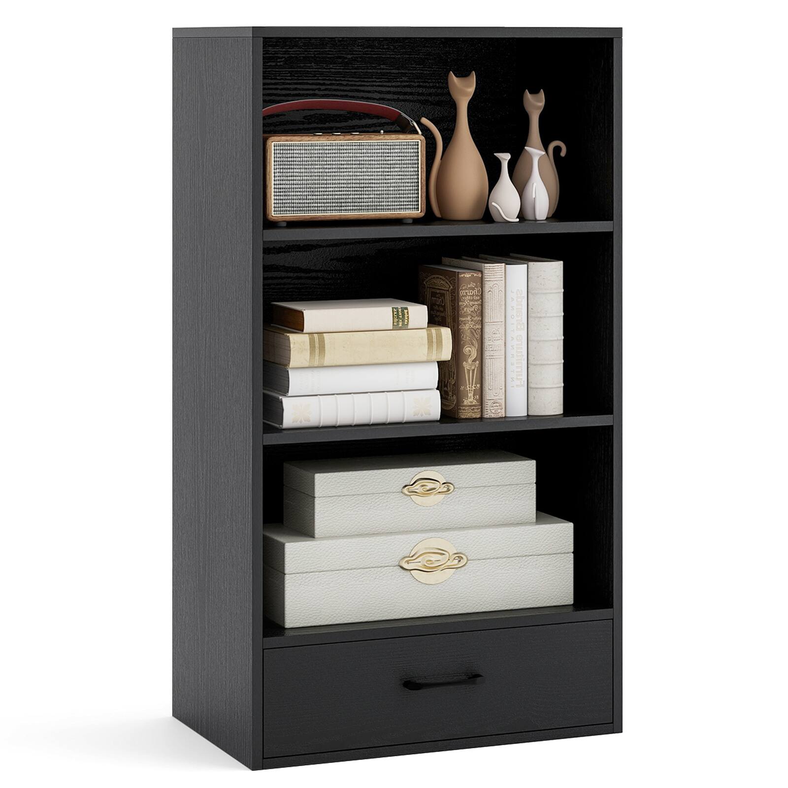 Ecooso - 4-Tier Storage Bookcase with Open Shelves, Drawer & Anti-toppling Device - Black
