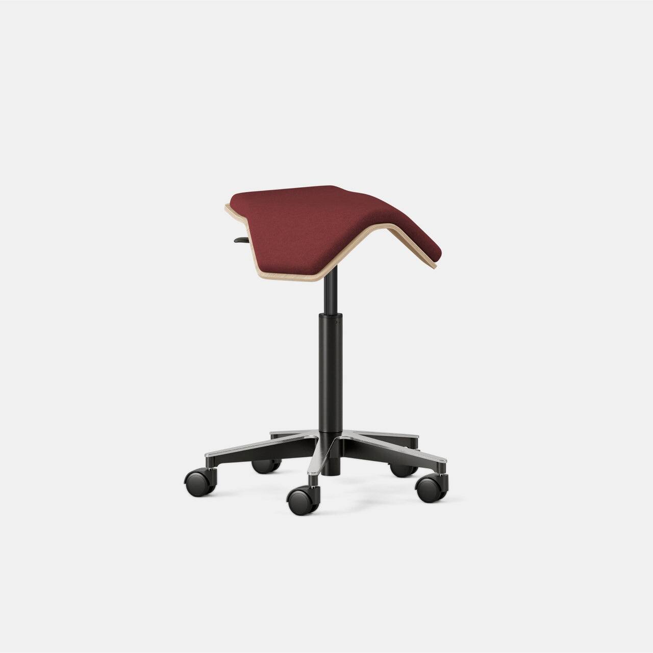 Left. Branch Furniture - Branch Saddle Chair Plus – Rolling Ergonomic Stool for Healthy Posture with Birch Frame and Recycled Seat Fabric" - Brick / Wood.