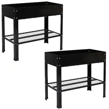 Front. Sunnydaze - Galvanized Steel Raised Bed with Mesh Shelf - Set of 2 - Black.