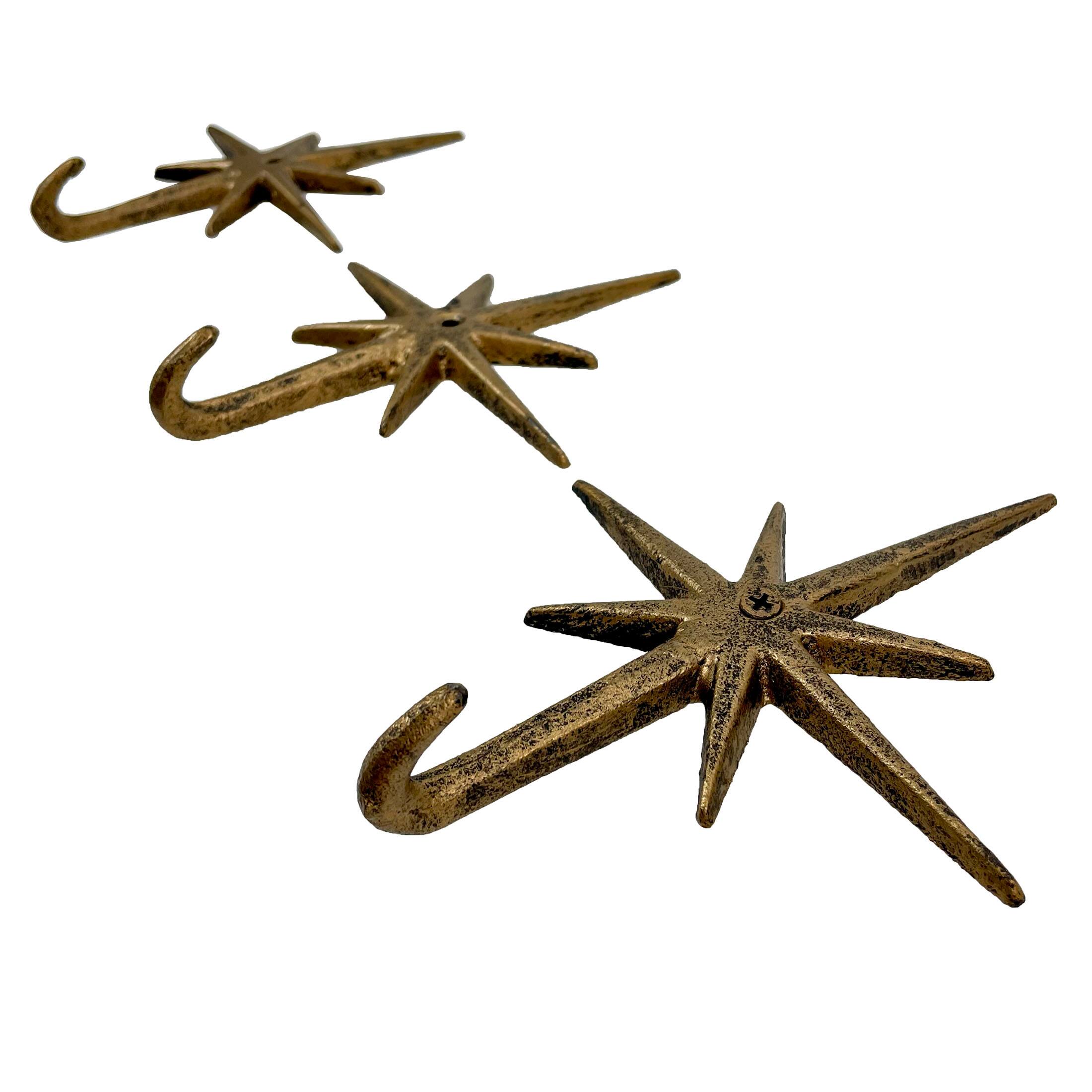 Alt View 5. Zeckos - Set of 3 Gold Finish Cast Iron Atomic Starburst Wall Hooks - Gold.